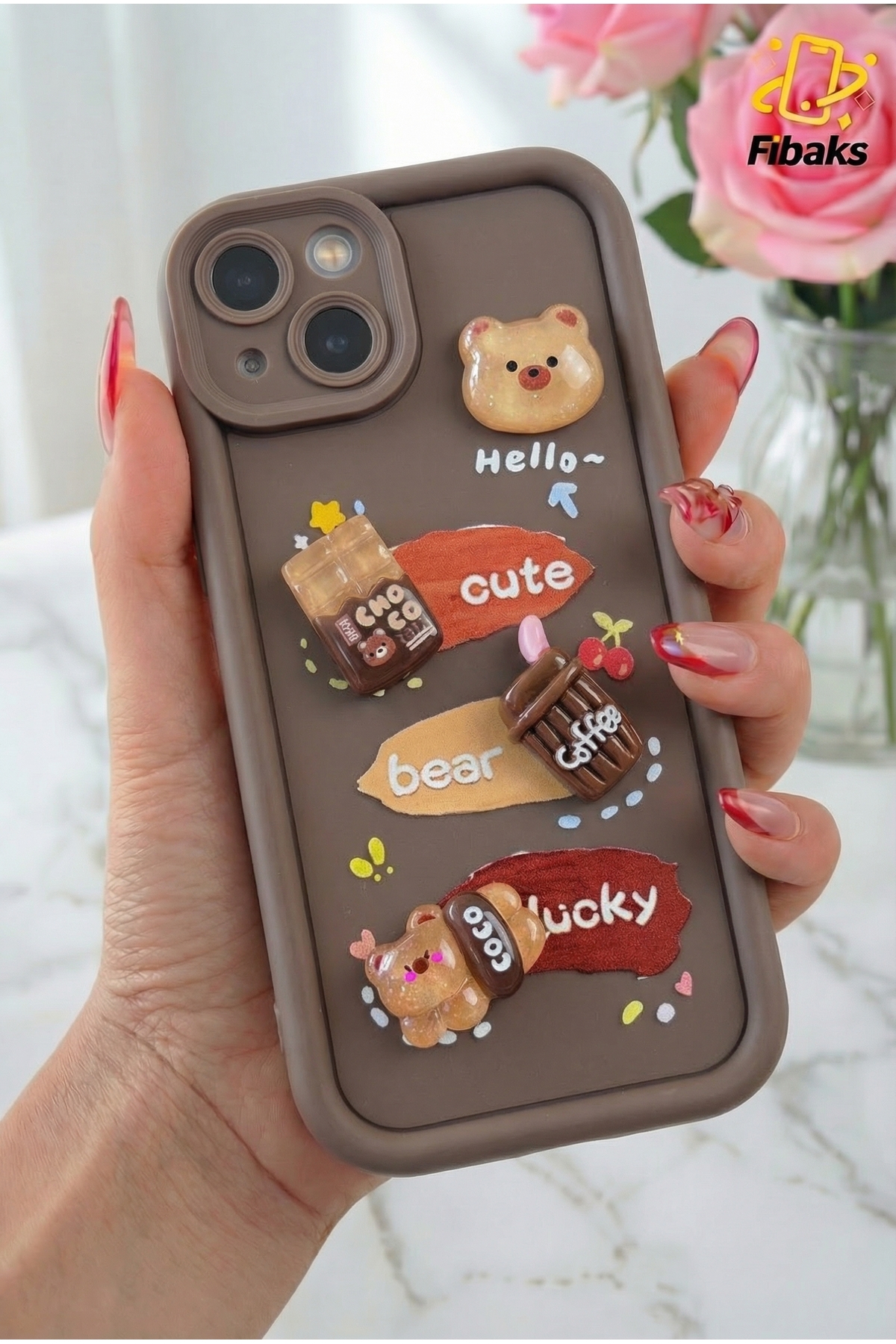 iPhone 14 Plus/15 Plus Case Design Patterned Camera Protected Teddy Bear Coffee Soft Silicone