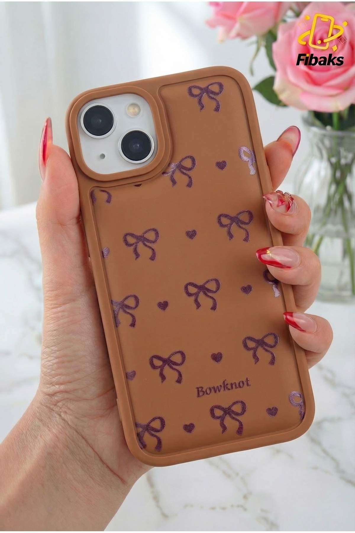 iPhone 14 Plus/15 Plus Case Soft Textured Bow Pattern Brown Soft Camera Protected