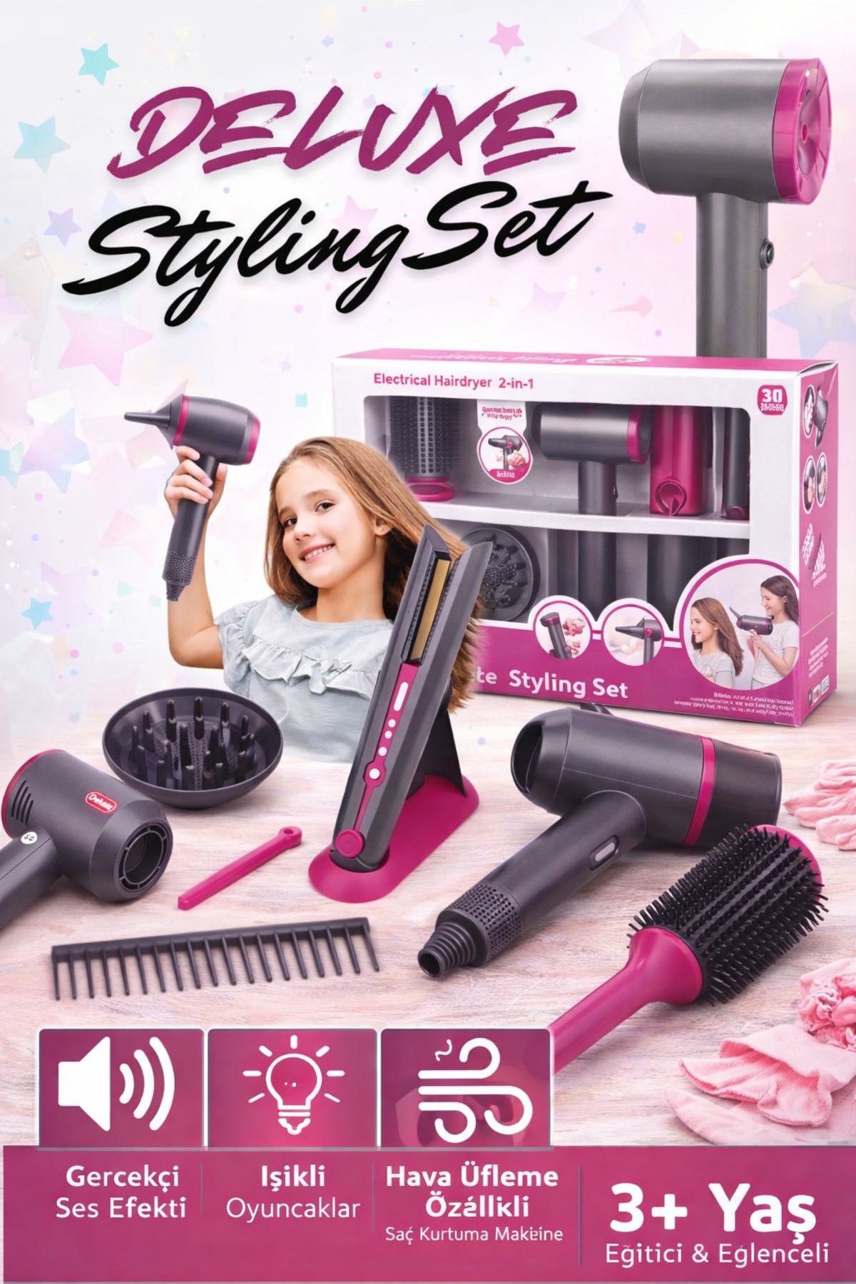 kosetoys Gerçekçi kuaför seti sesli ışıklı ve hava üfleme