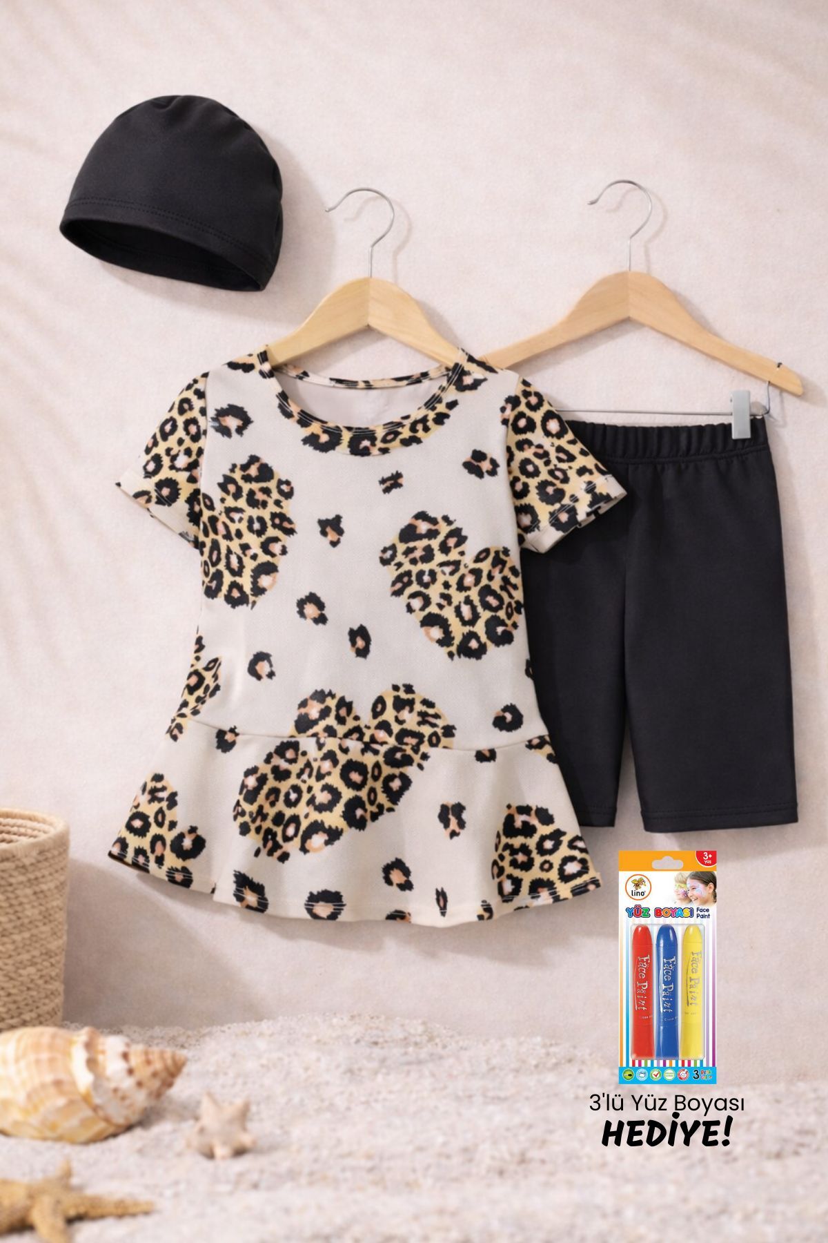 Heart Patterned Black Girls' Swimwear Set with Bonnet
