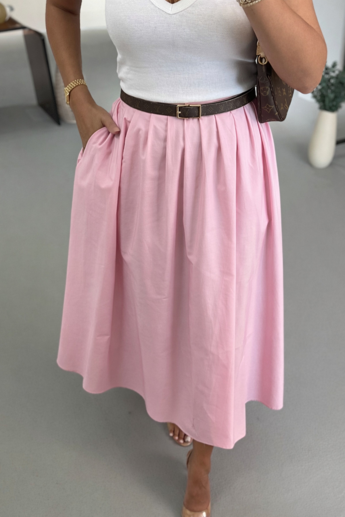 Sezgi Tekin  Premium Seri Piliseli Pembe Poplin Çan Etek - Görsel 2