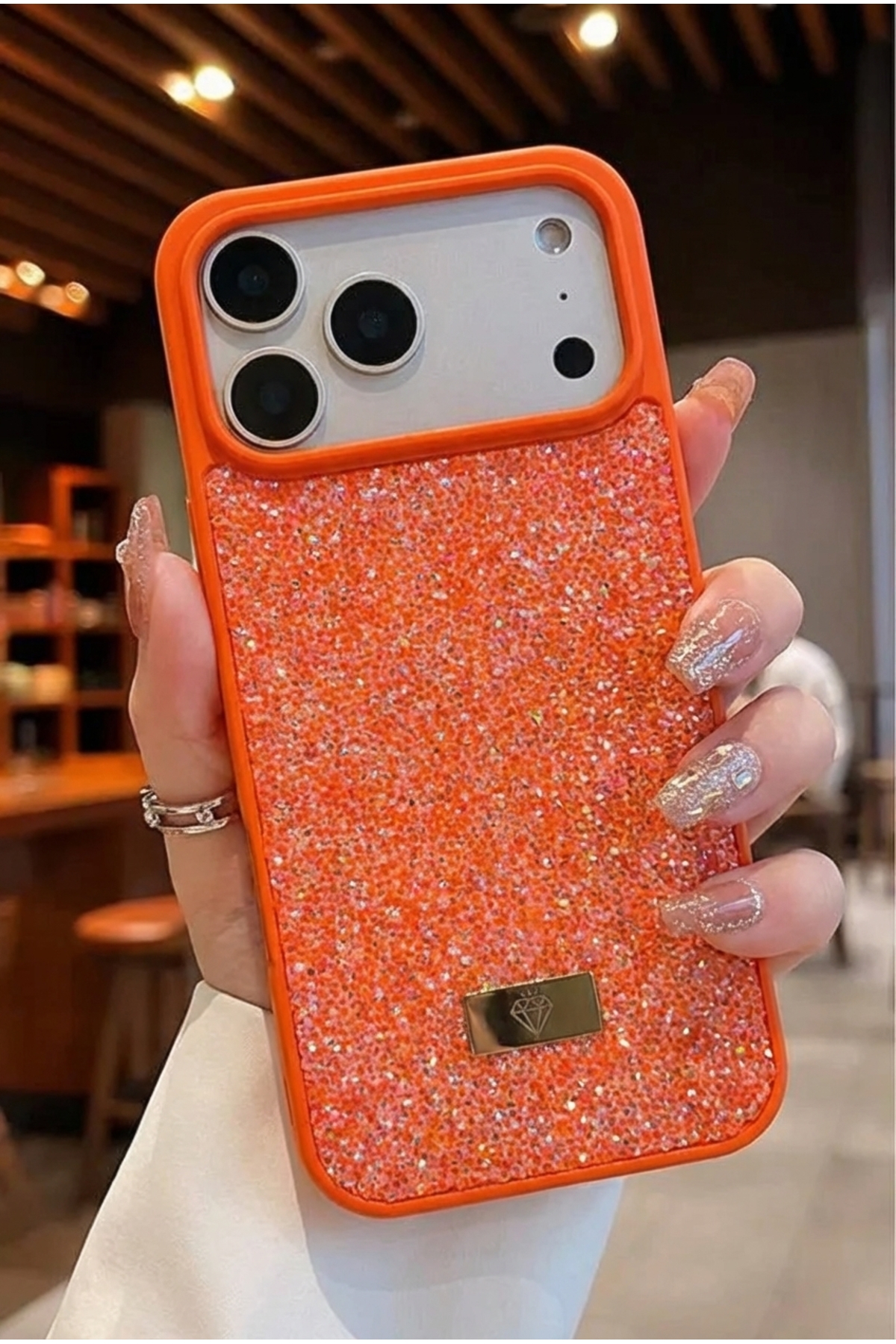 iPhone 17 Pro Max Case Velvet Diamond Design Shimmering Diamond Silicone Cover with Orange Gemstone