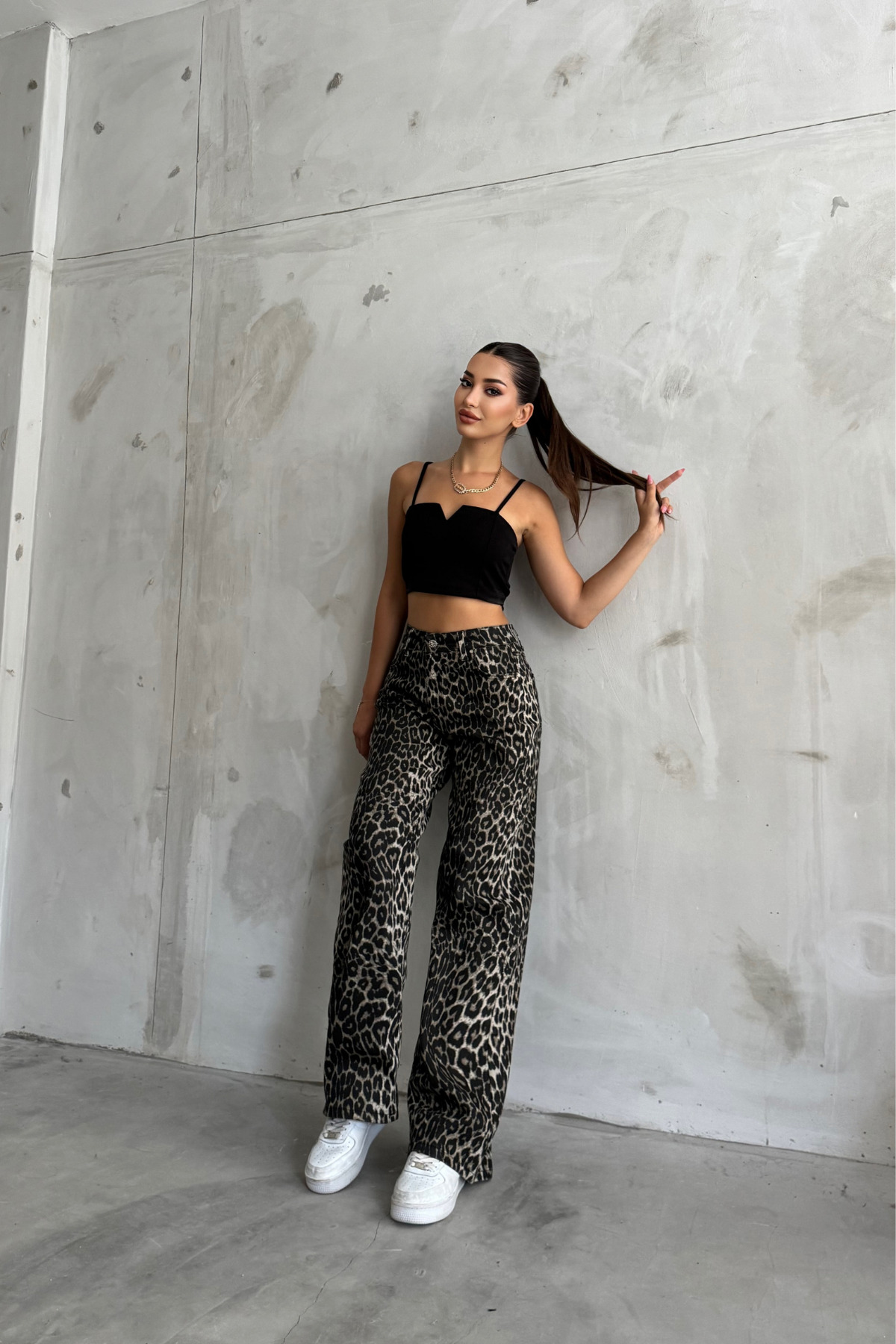 BİKELİFE  Kadın Leopar Desenli Yüksel Bel Geniş Paça Lıkralı Palazzo Pantolon - Görsel 6
