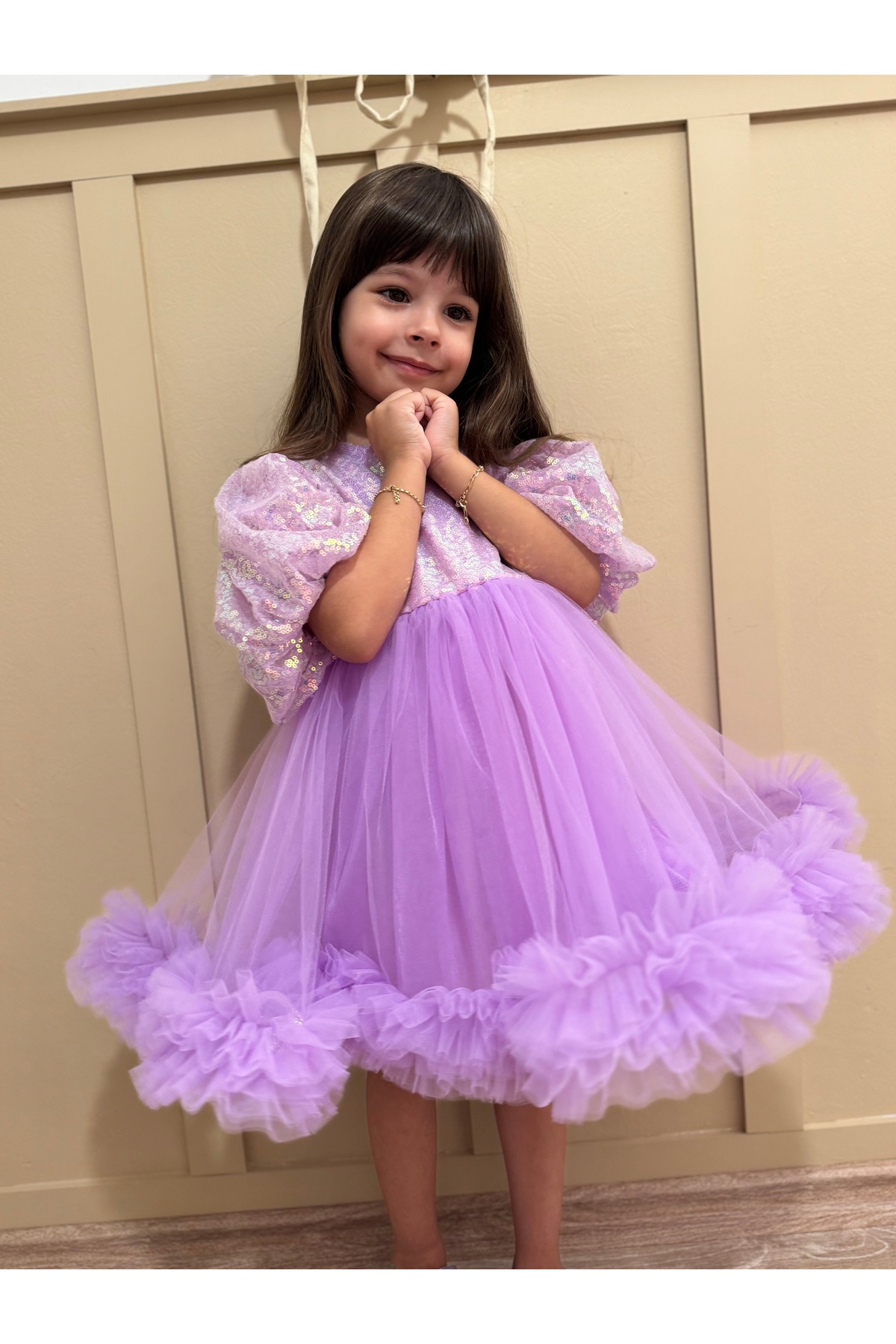 penu baby kids Lila Payetli Balon Kol Grenli Tül Etekli Kız Çocuk Kız Bebek Abiye Elbise - Terra fotoğrafı 4 (önizleme)