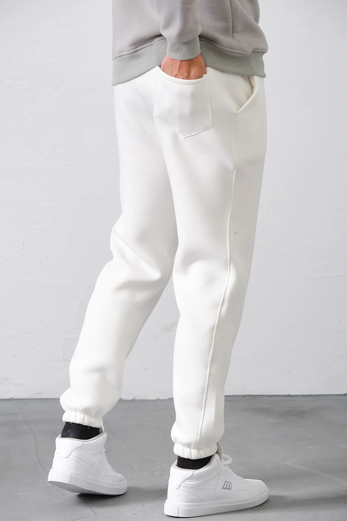 aziso  Erkek Beyaz Eşofman Altı 3 Iplik Şardonlu Kumaş - Görsel 6