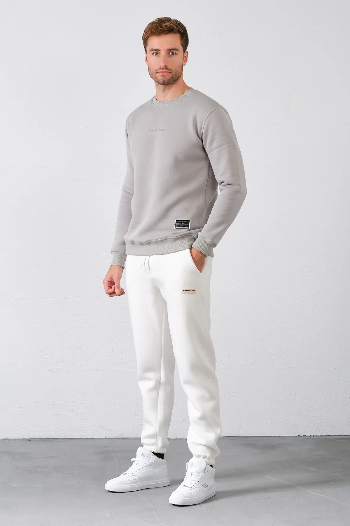 aziso  Erkek Beyaz Eşofman Altı 3 Iplik Şardonlu Kumaş - Görsel 4