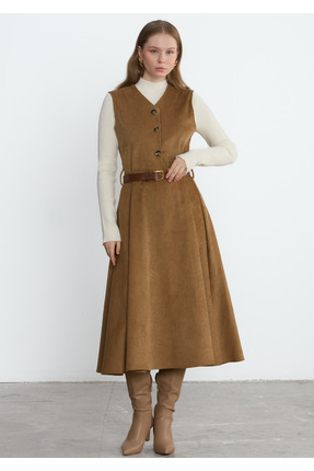 LADYA COLLECTION Kahve Fitilli Kadife Viola Elbise