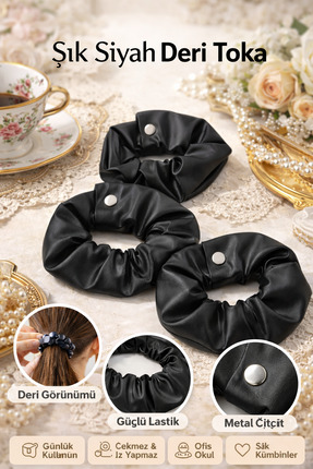 Vi Caro Deri Görünümlü Scrunchie Toka | Kadın Saç Tokası, Lastikli Çıtçıtlı Ş...