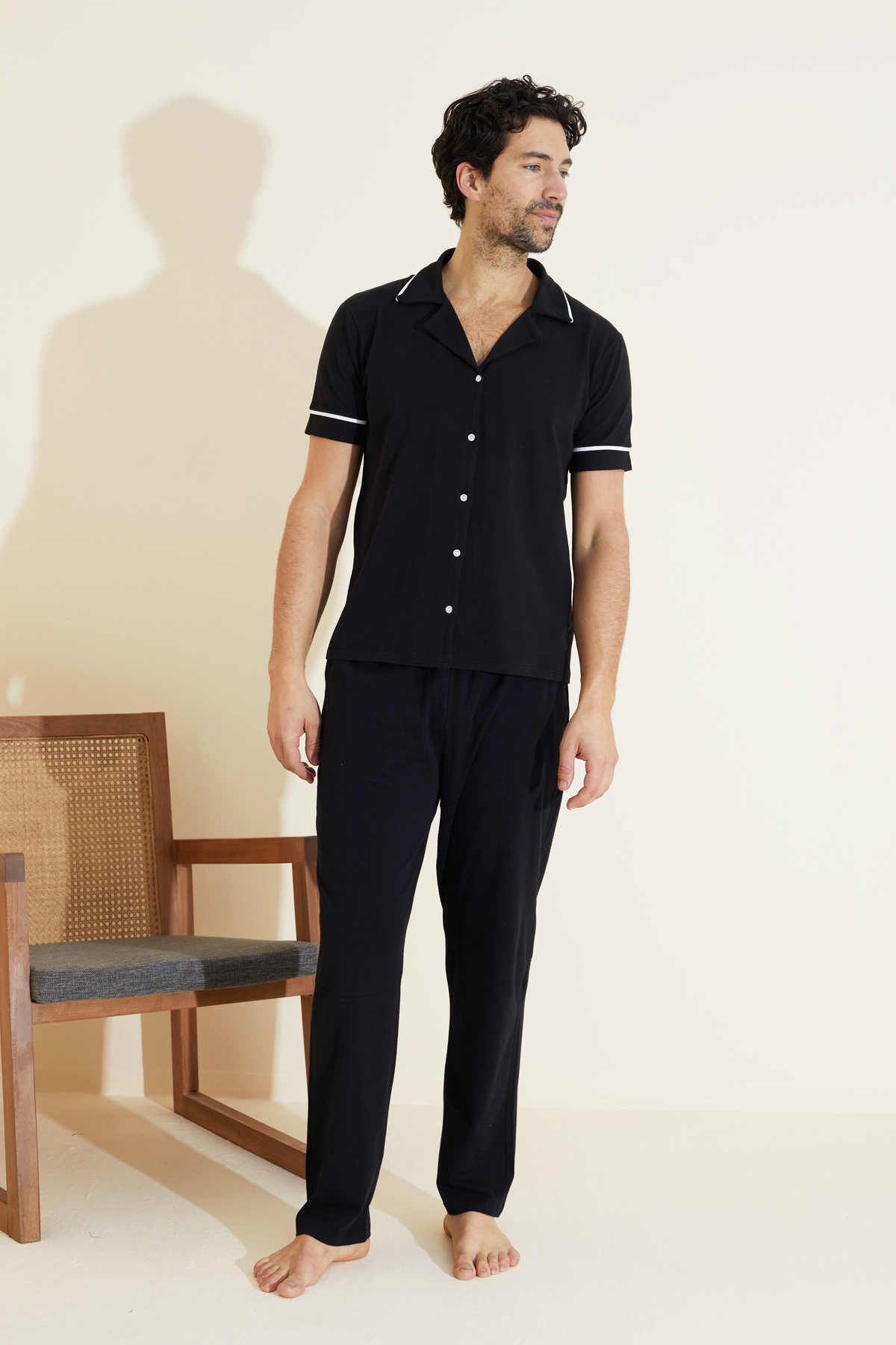 Siyah İnci  siyah Erkek Kısa Kollu Pamuklu Gömlek Yaka Düğmeli Biyeli Pijama Takım 7822 - Görsel 2