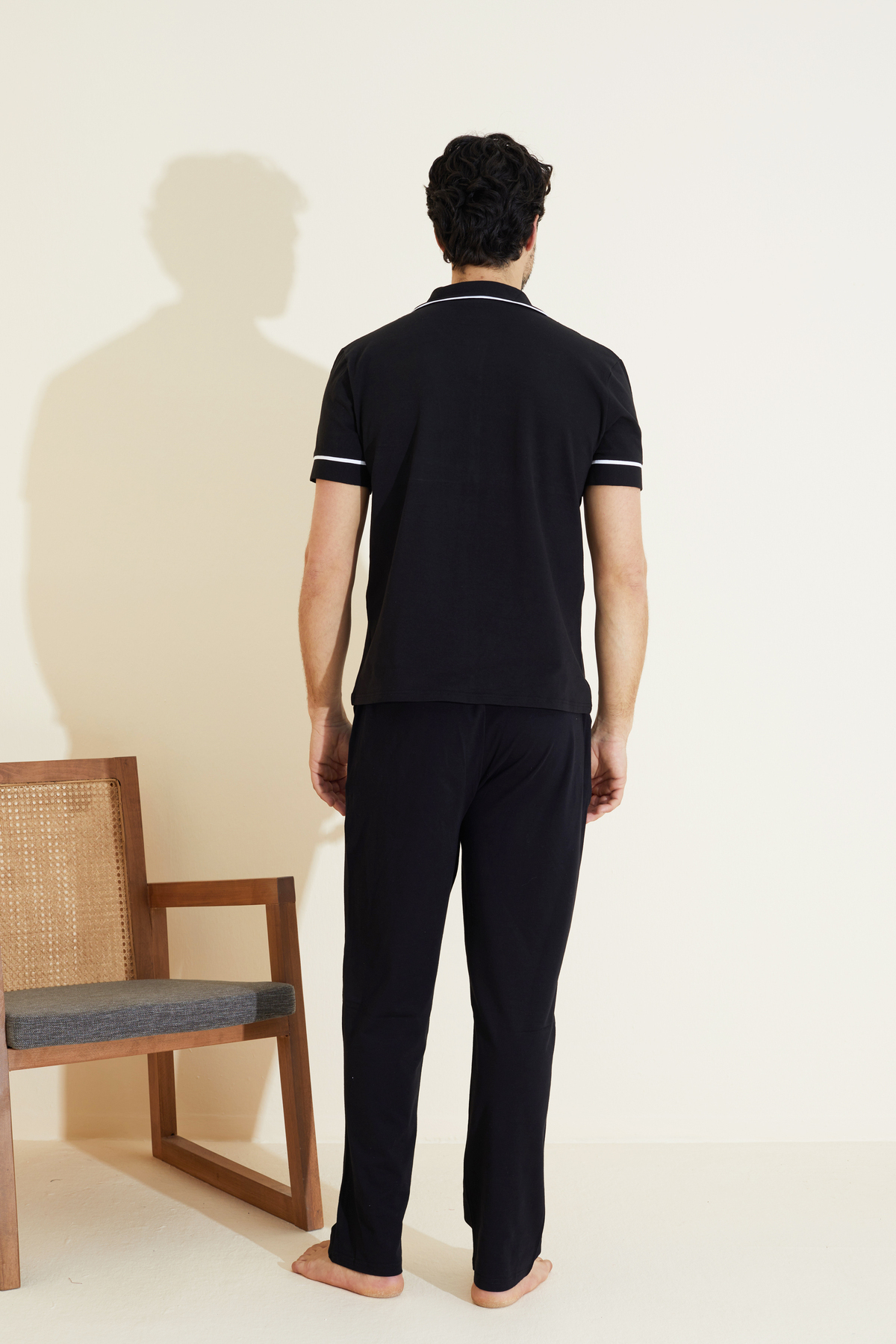 Siyah İnci  siyah Erkek Kısa Kollu Pamuklu Gömlek Yaka Düğmeli Biyeli Pijama Takım 7822 - Görsel 3