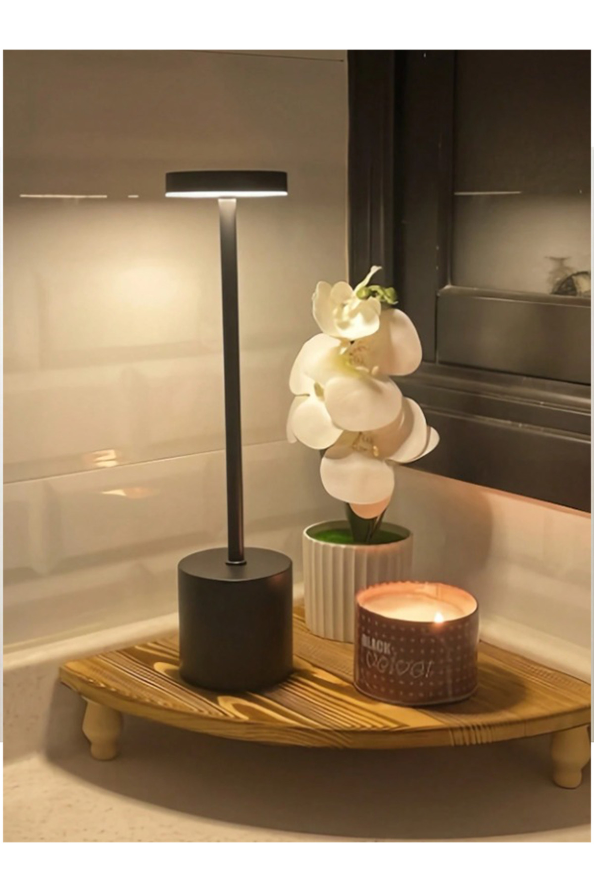 مصباح مكتبي لاسلكي قابل لإعادة الشحن بقوة 3600 مللي أمبير/ساعة، مصباح مكتبي اسود محمول معدني.