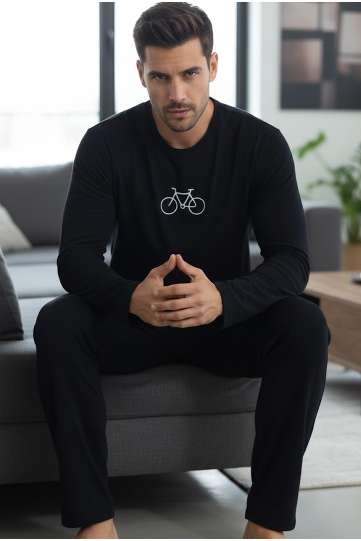Siyah İnci  siyah Uzun Kollu Örme Erkek Pijama Takım 7795