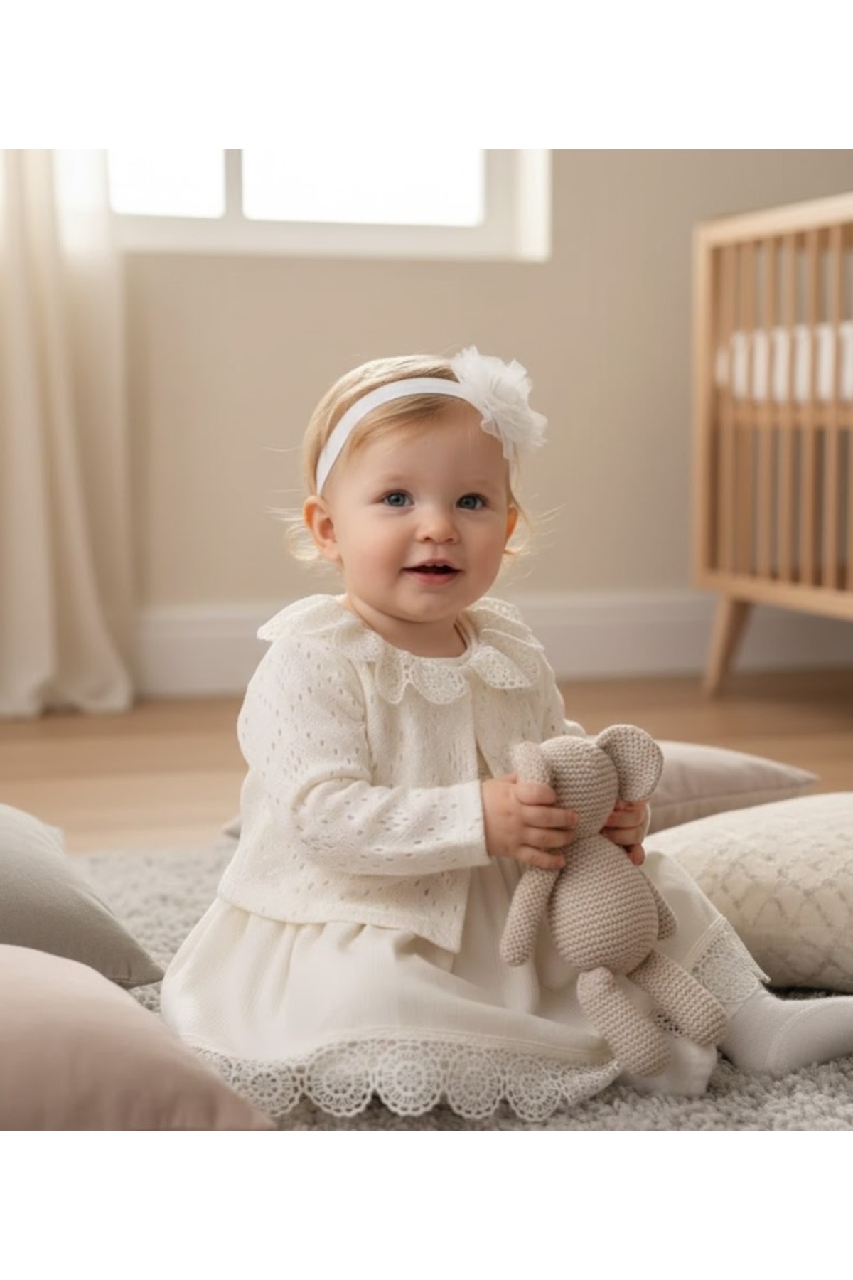 MİNİBORN KIZ UZUN KOLLU EKRU PAMUK KETEN İÇİ SIFIR KOL TRİKO HIRKALI YAKA VE ETEK TIĞ İŞİ DETAY ELBİSE SET fotoğrafı 4 (önizleme)