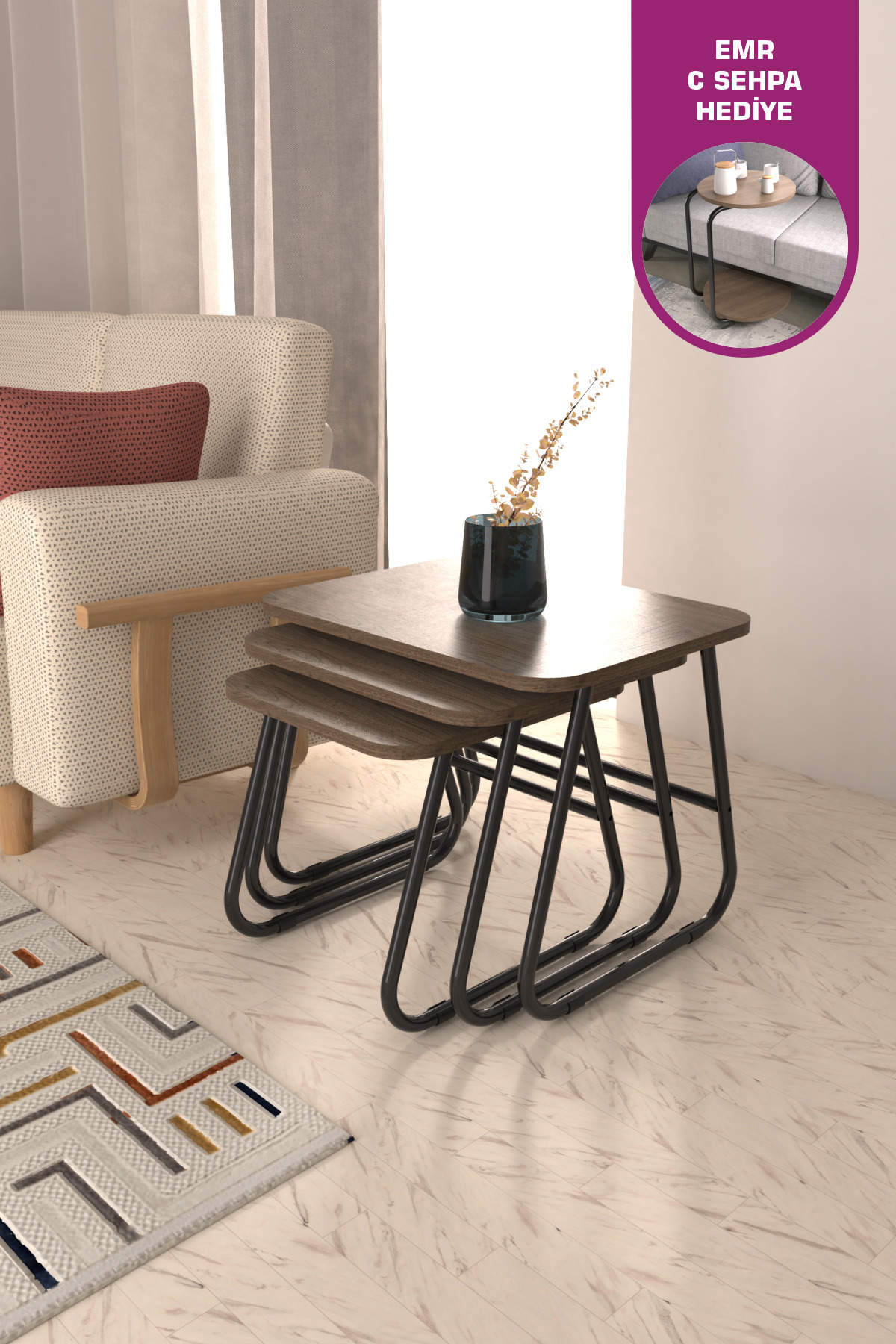 Zigana Multipurpose Black Metal Leg 3-Piece Chestnut MDF Zigon Coffee Table
