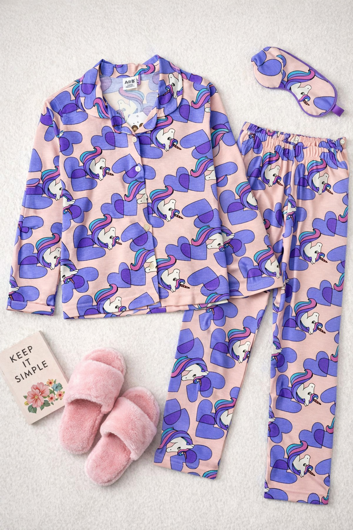 Beka Kids Desenli Uzun Kollu Önden Düğmeli Gömlek Yaka Kız Çocuk Pijama Takımı %100 Pamuklu Ve Göz BandI fotoğrafı 2 (önizleme)