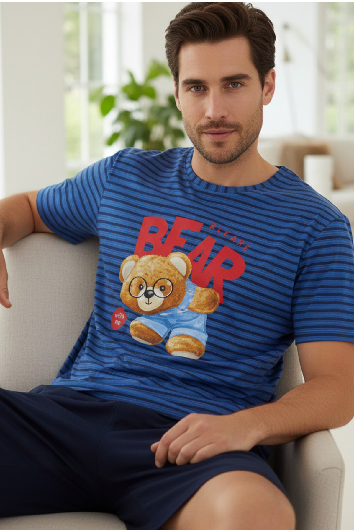 Siyah İnci  saks lacivert çizgi desenli Bisiklet Yaka Örme Şort Takım 25109640