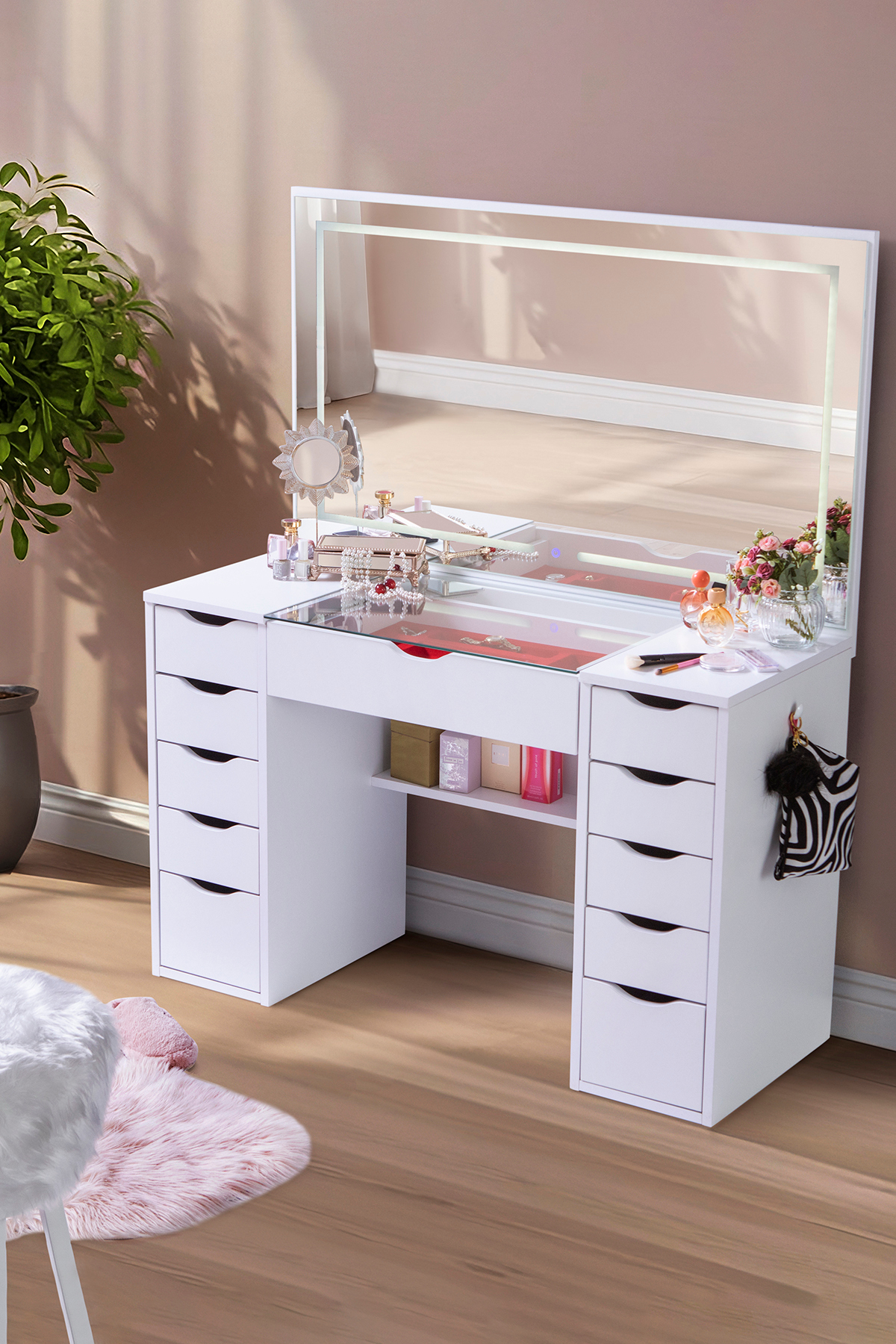 Backstage Vanity Table with Diva Glass Table, Full Led Touch Mirror, 11 Drawers (Plain White)