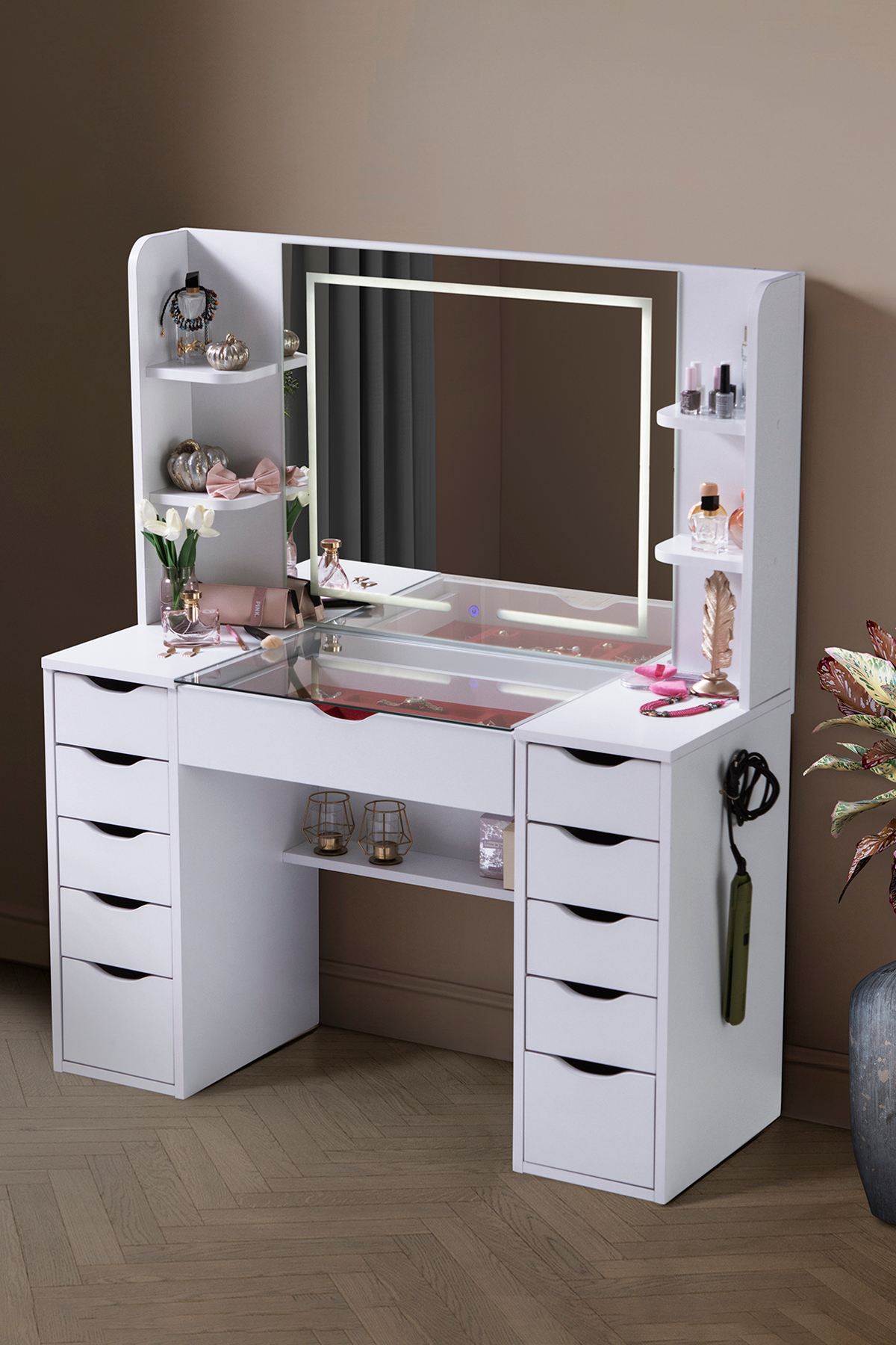 Diva Glass Table Touchscreen Led Mirror Backstage Vanity Table with 4 Shelves and 11 Drawers Plain White