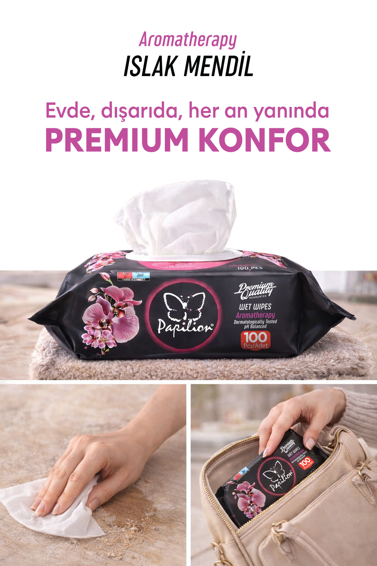 Papilion Premium Aroma Terapi Islak Mendil pH Dengeli Kokulu Ekonomik Paket 100x12 – 1200 Yaprak fotoğrafı 2 (önizleme)