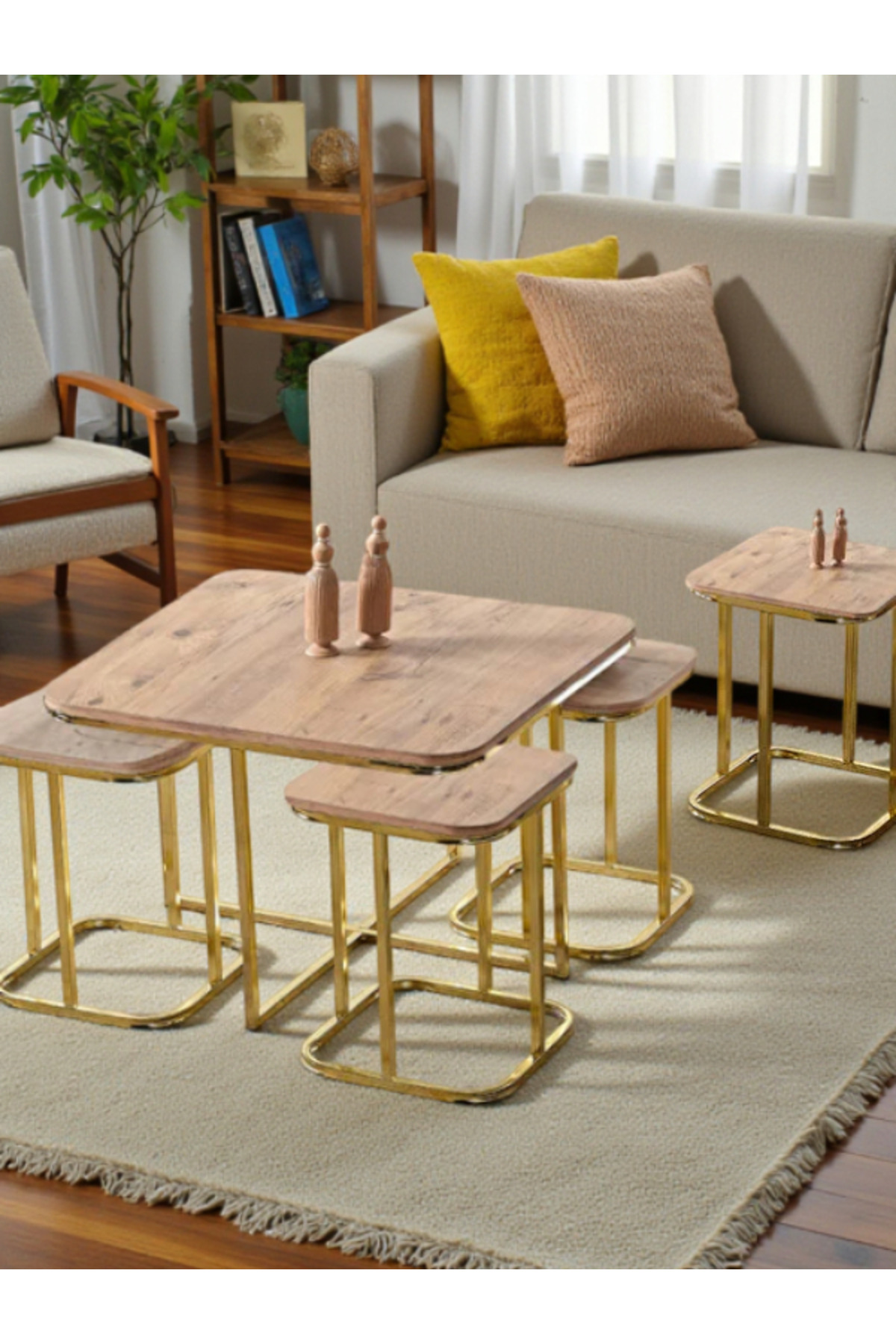 5 Li Iç Içe 4 1 Açık Ceviz (SUNTALAM) Gold Metal Ayak Takım Sehpa Orta Sehpa Bohem