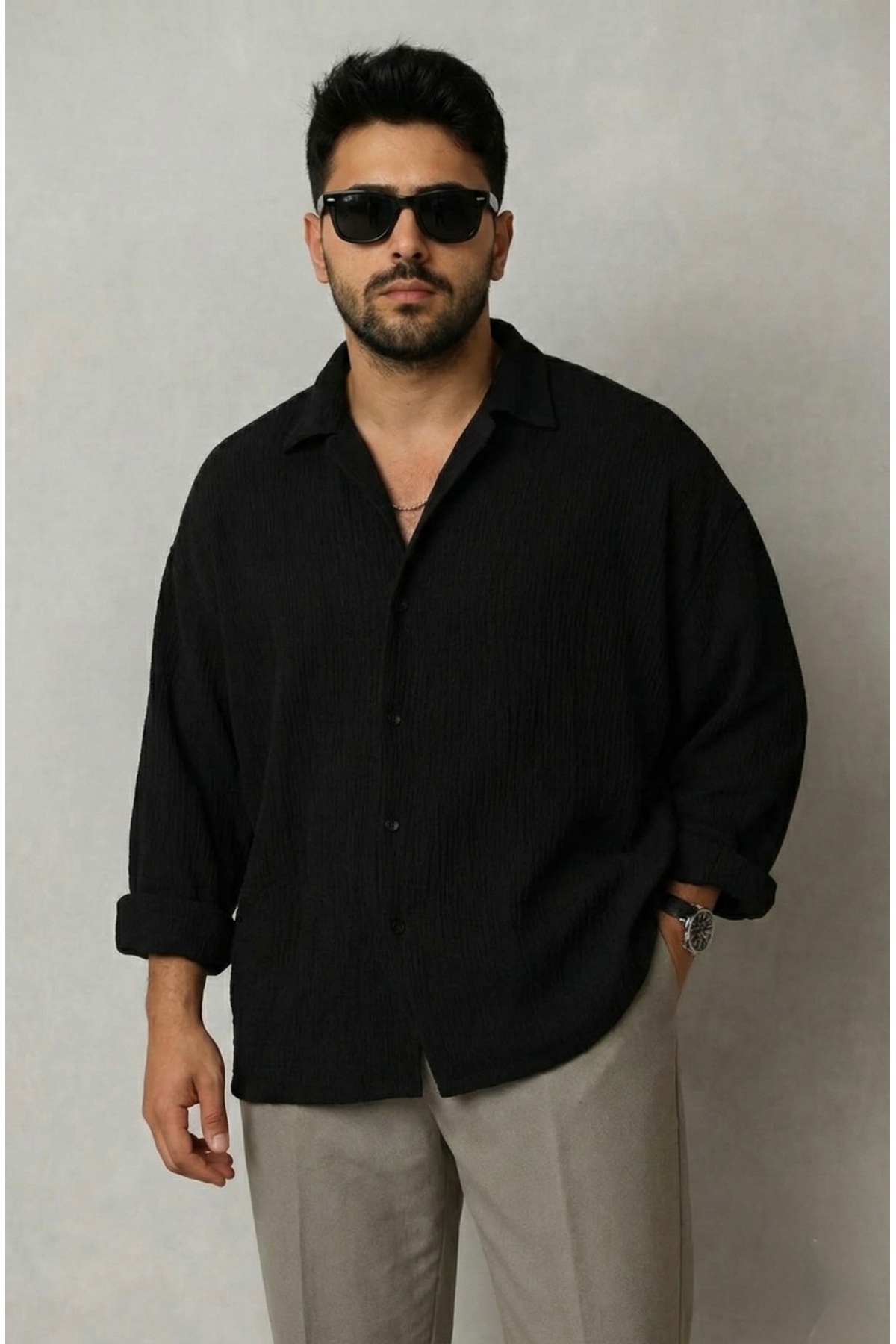 bb butik basic  Erkek Ütü İstemeyen Oversize Bürümcük Gömlek SİYAH - Görsel 5