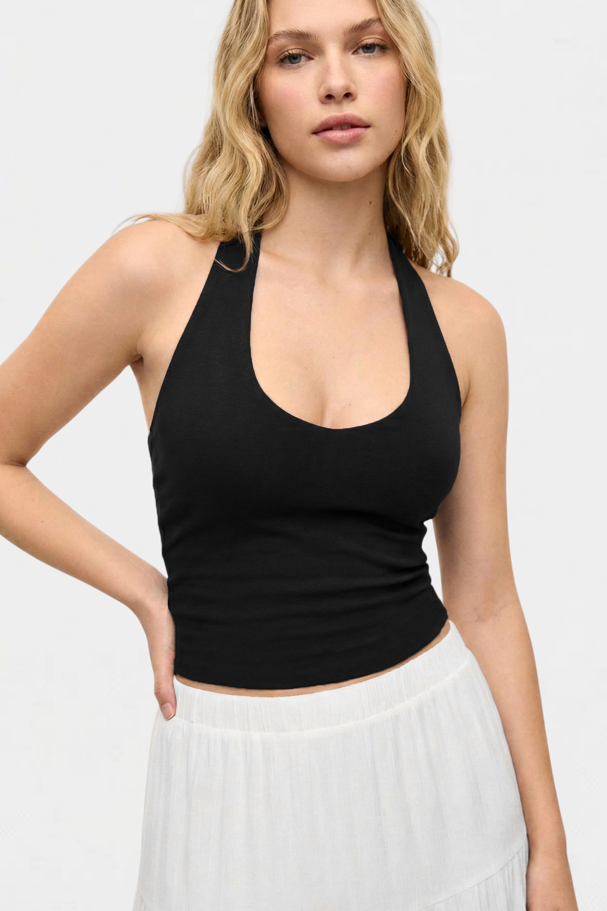 VODENS  Siyah %95 Pamuk Halter Yaka Çift Kat Crop Top Body