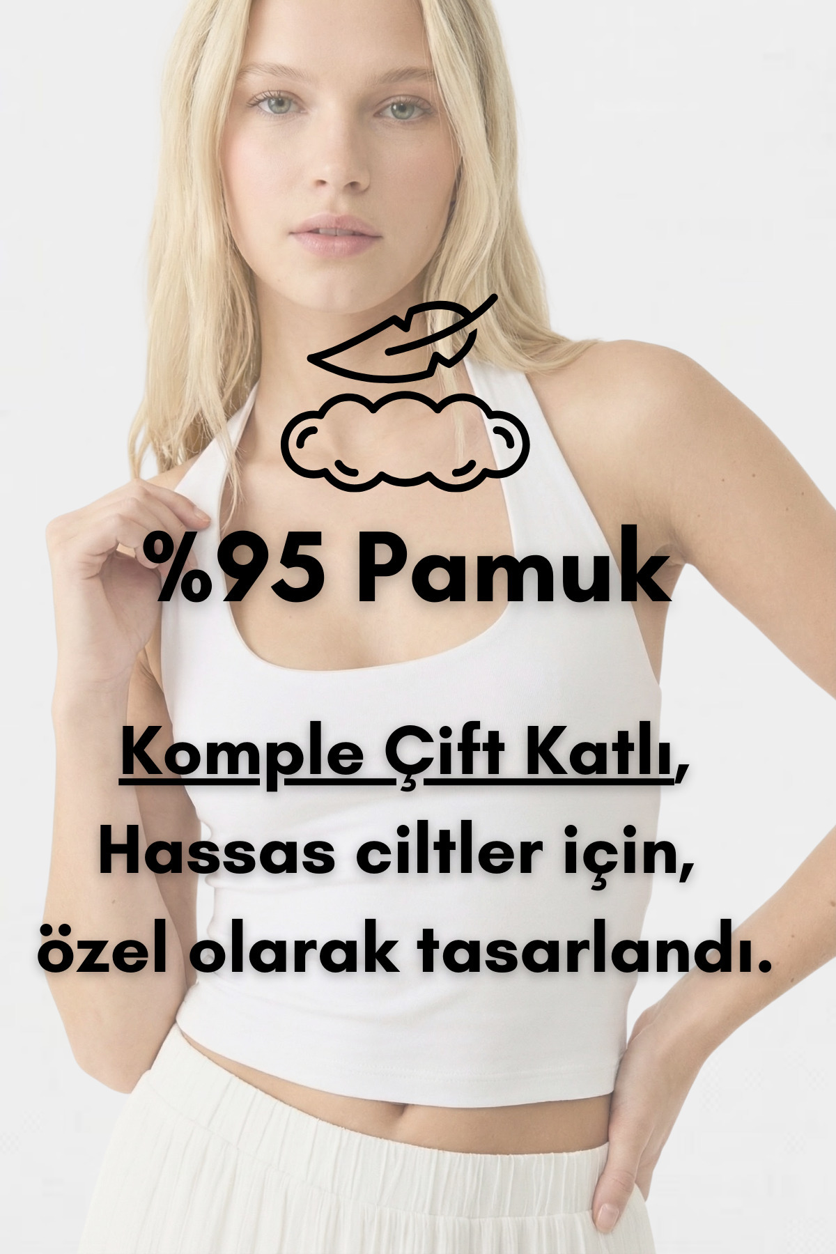 VODENS  Açık Pembe %95 Pamuk Halter Yaka Çift Kat Crop Top Body - Görsel 3