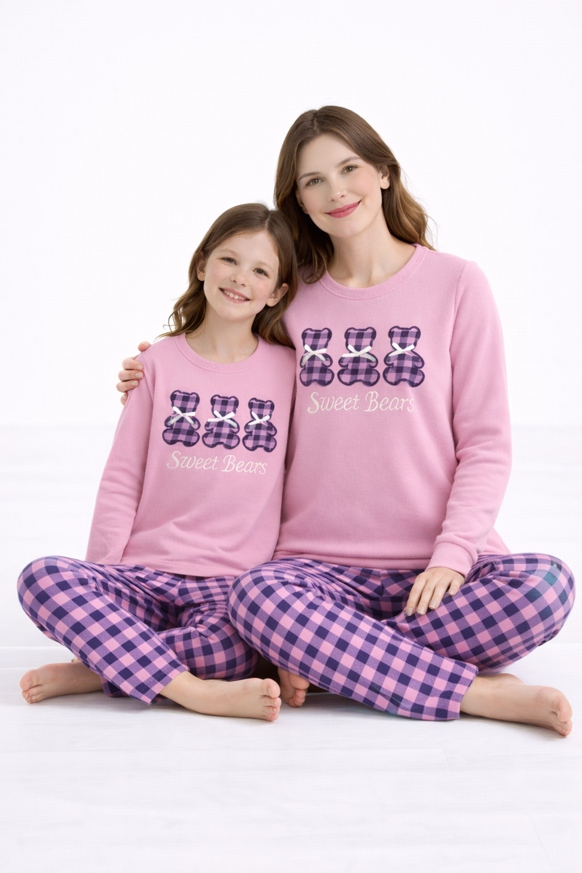 Powder Pink Teddy Bear Embroidery and Ribbon Detailed Thermal Mother-Daughter Pajamas Set Combination
