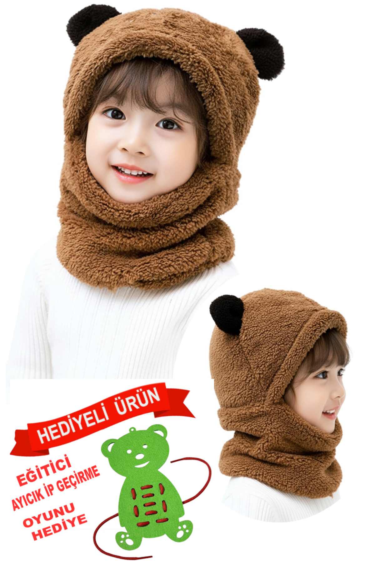 Cute Teddy Bear Panda Kids Hooded Ears Plush Beanie Welsoft Windproof Neck Hat
