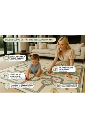 Urrenn YENİ Yol Desenli Çocuk Oyun Matı - Katlanabilir Oyun Halısı 200x130x1 cm