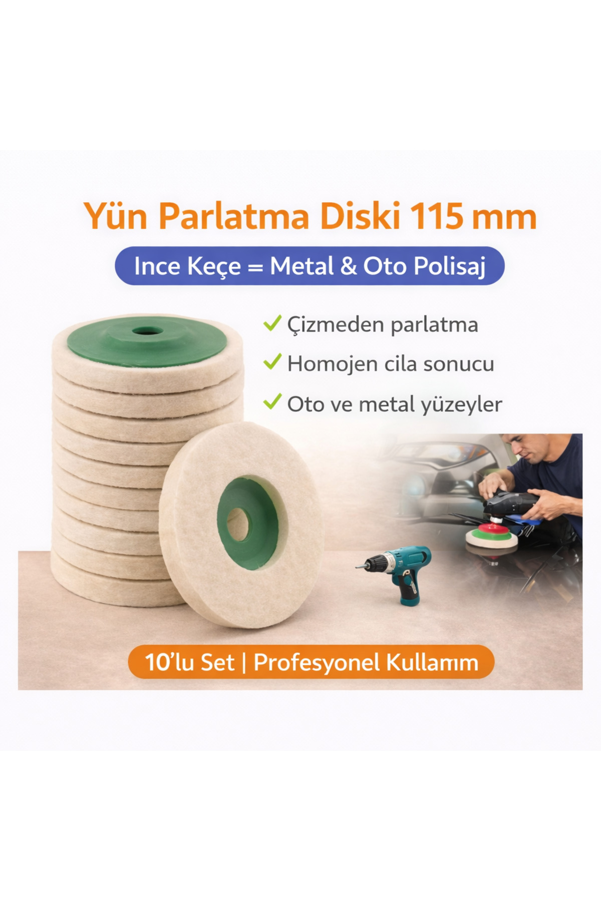Wool Polishing Disc 115 mm Set of 10 – Thin Felt Polishing Disc – Metal and Auto Wax