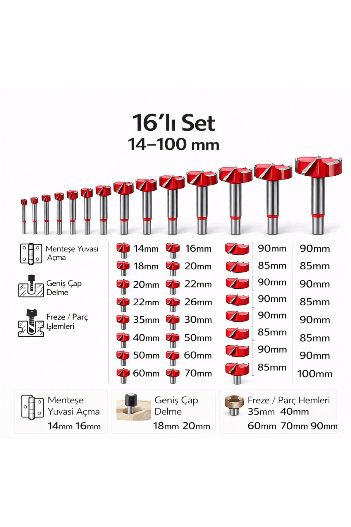 Hinge Slot Opening Milling Drill Bit Set of 16 (14-100 mm) Wood Punch Set
