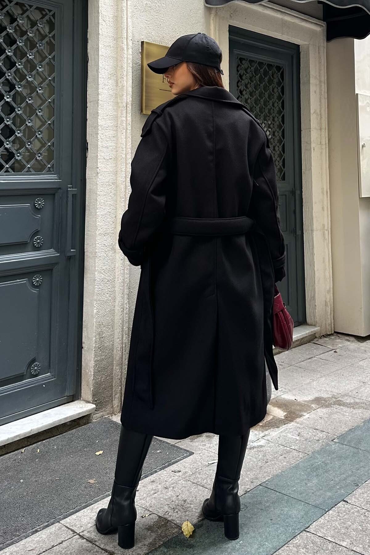 My Loore  Kadın Siyah Oversize Kuşaklı Premium Kaşe Kaban | Astarlı & Cepli MLB077 - Görsel 8