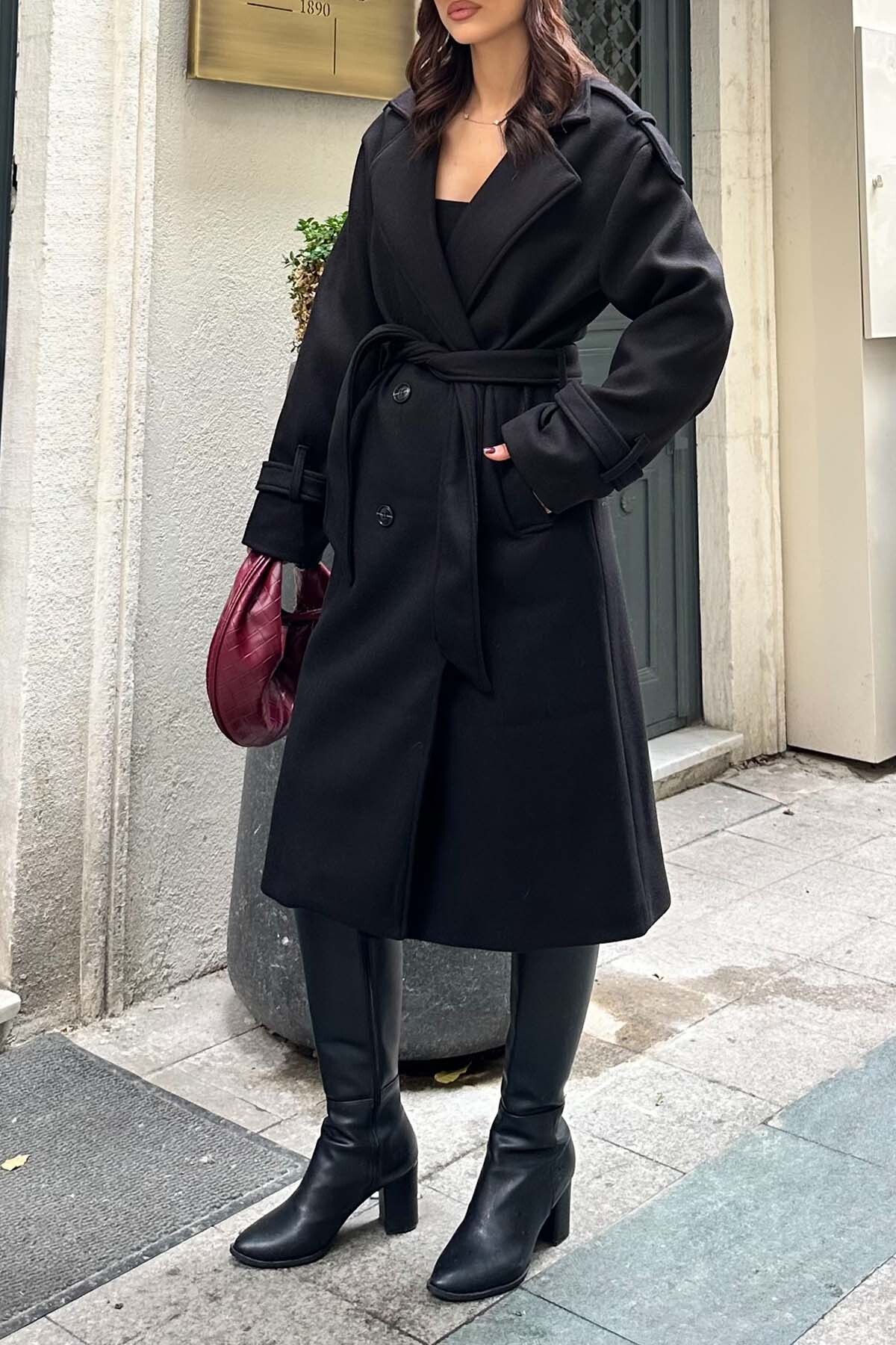 My Loore  Kadın Siyah Oversize Kuşaklı Premium Kaşe Kaban | Astarlı & Cepli MLB077 - Görsel 5