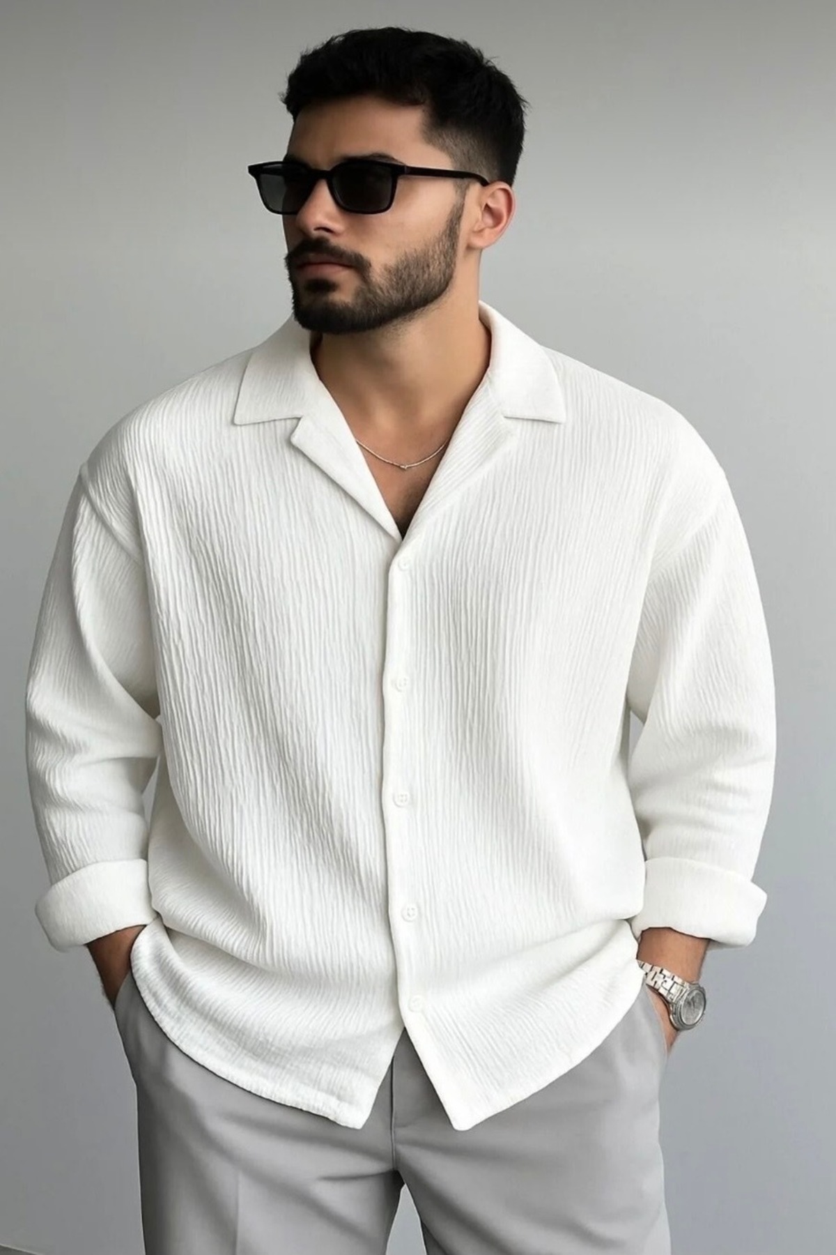 bb butik basic  Erkek Ütü İstemeyen Oversize kırık beyaz Bürümcük Gömlek BEYAZ