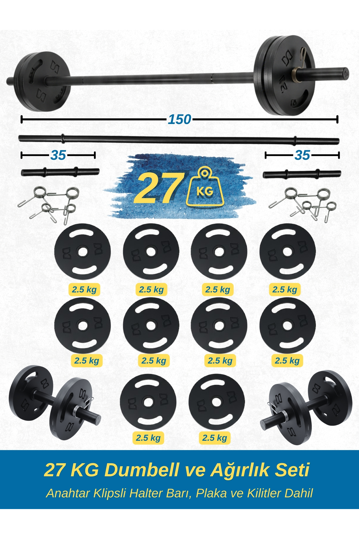 DURUH SPOR 27 KG Dumbell ve Ağırlık Seti-Anahtar Klipsli Halter Barı, Plaka ve Kilitler Dahil