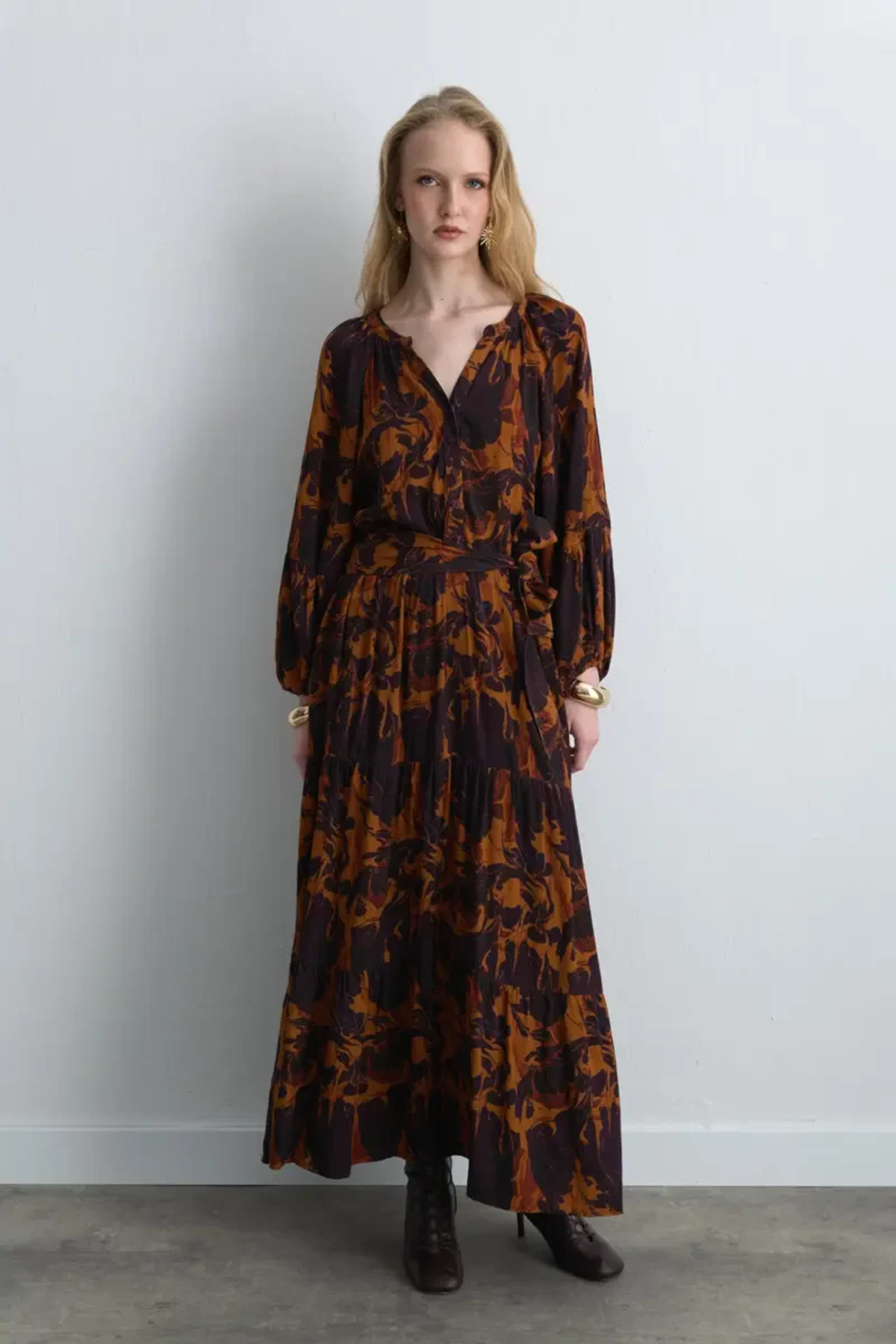 Gusto  Anka Koleksiyonu Beli Kemerli Uzun Viskon Elbise - Mürdüm