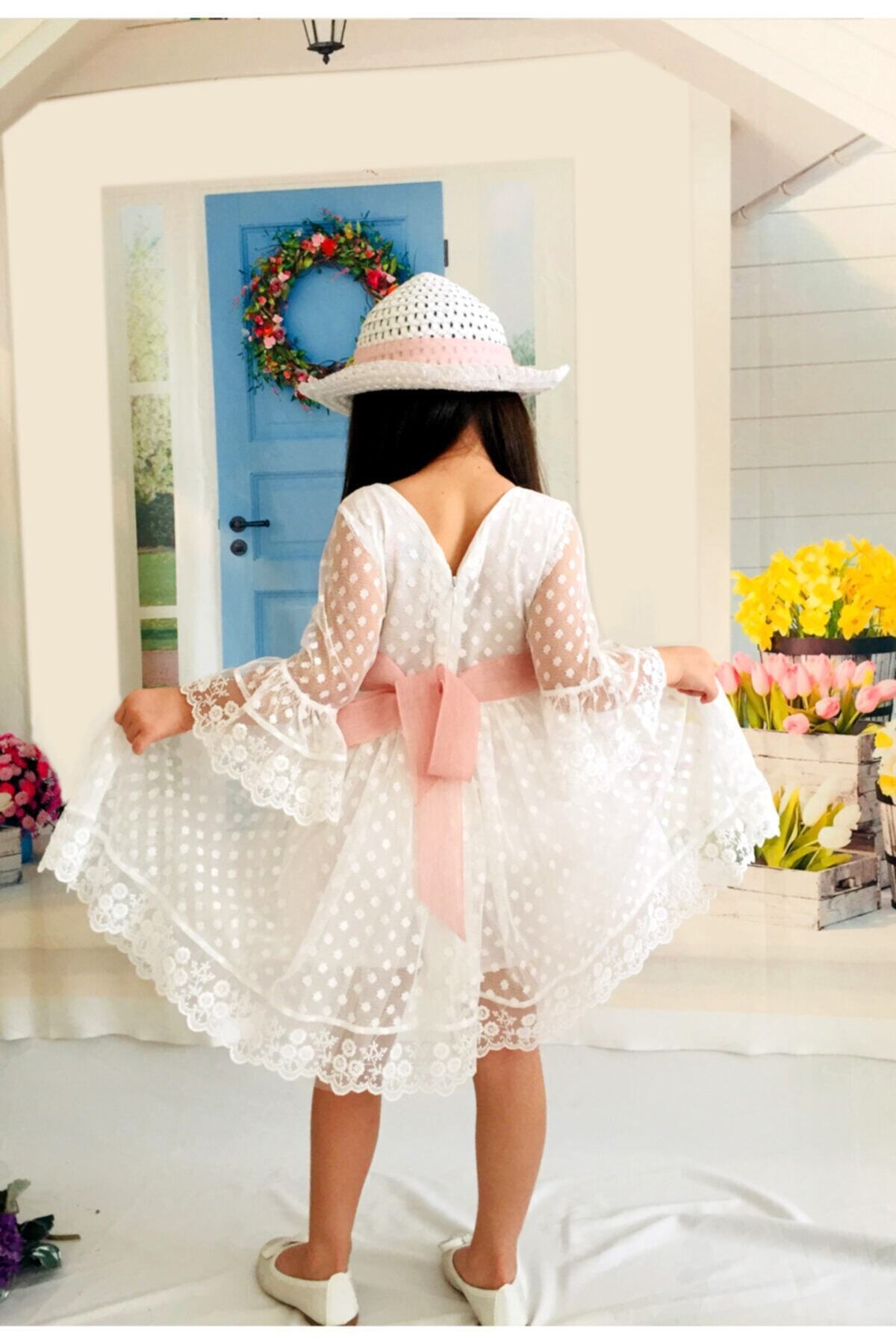 Mixie Beyaz Şapkalı Güpürlü Prenses Kız Çocuk Beyaz Elbise fotoğrafı 4 (önizleme)