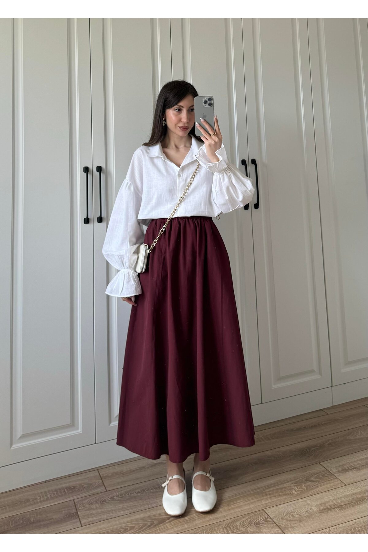 Gülmude Uzun Beli Lastikli Etek Fleto Cepli İç Göstermez Poplin Kumaş Mevsimlik Etek (90CM)