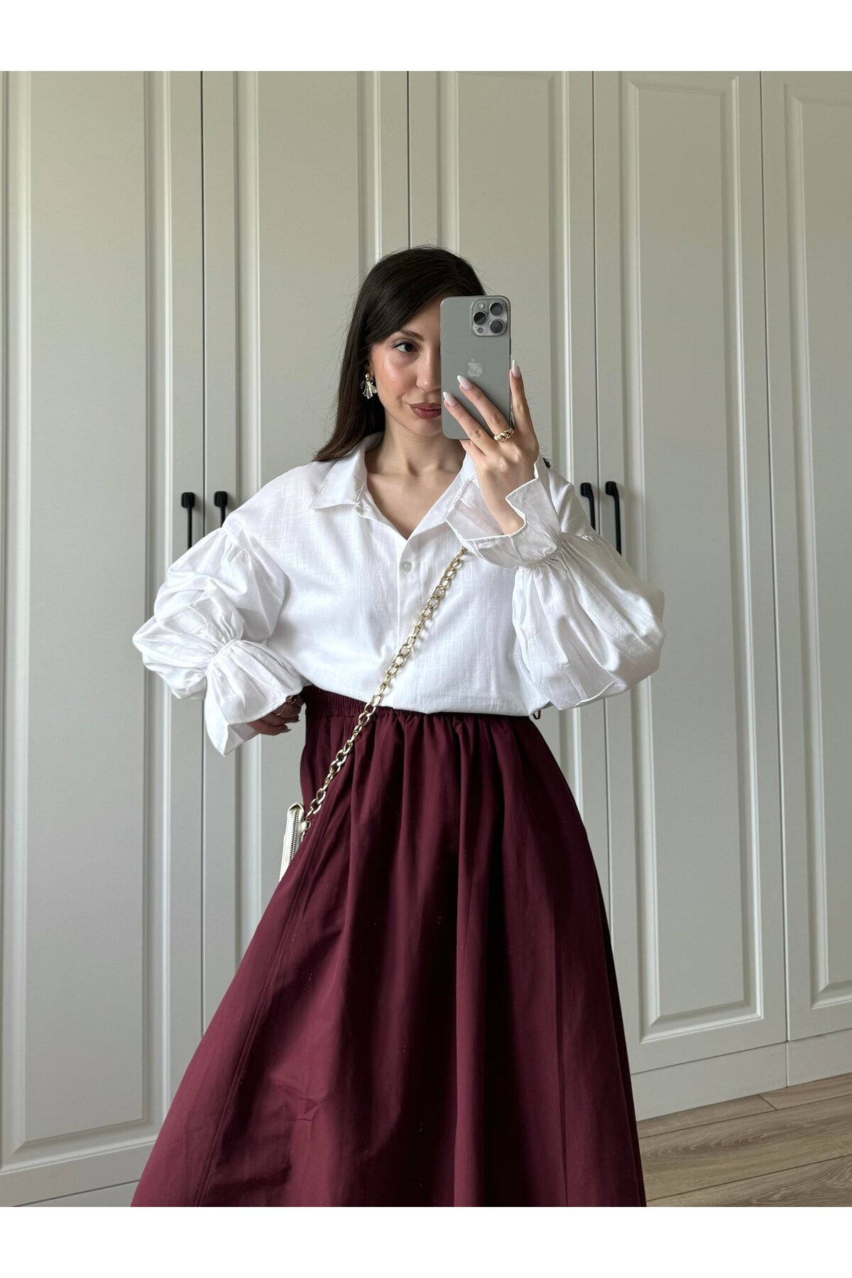 Gülmude Uzun Beli Lastikli Etek Fleto Cepli İç Göstermez Poplin Kumaş Mevsimlik Etek (90CM) görsel 5