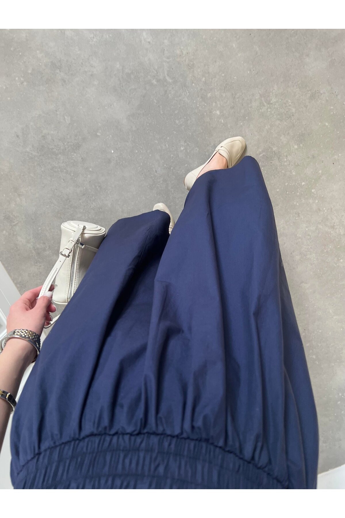 Gülmude  Uzun Beli Lastikli Etek Fleto Cepli İç Göstermez Poplin Kumaş Mevsimlik Etek (90CM) - Görsel 4