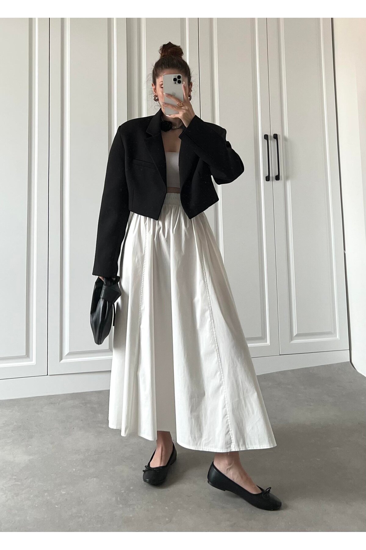 Gülmude  Uzun Beli Lastikli Etek Fleto Cepli İç Göstermez Poplin Kumaş Mevsimlik Etek (90CM) - Görsel 3