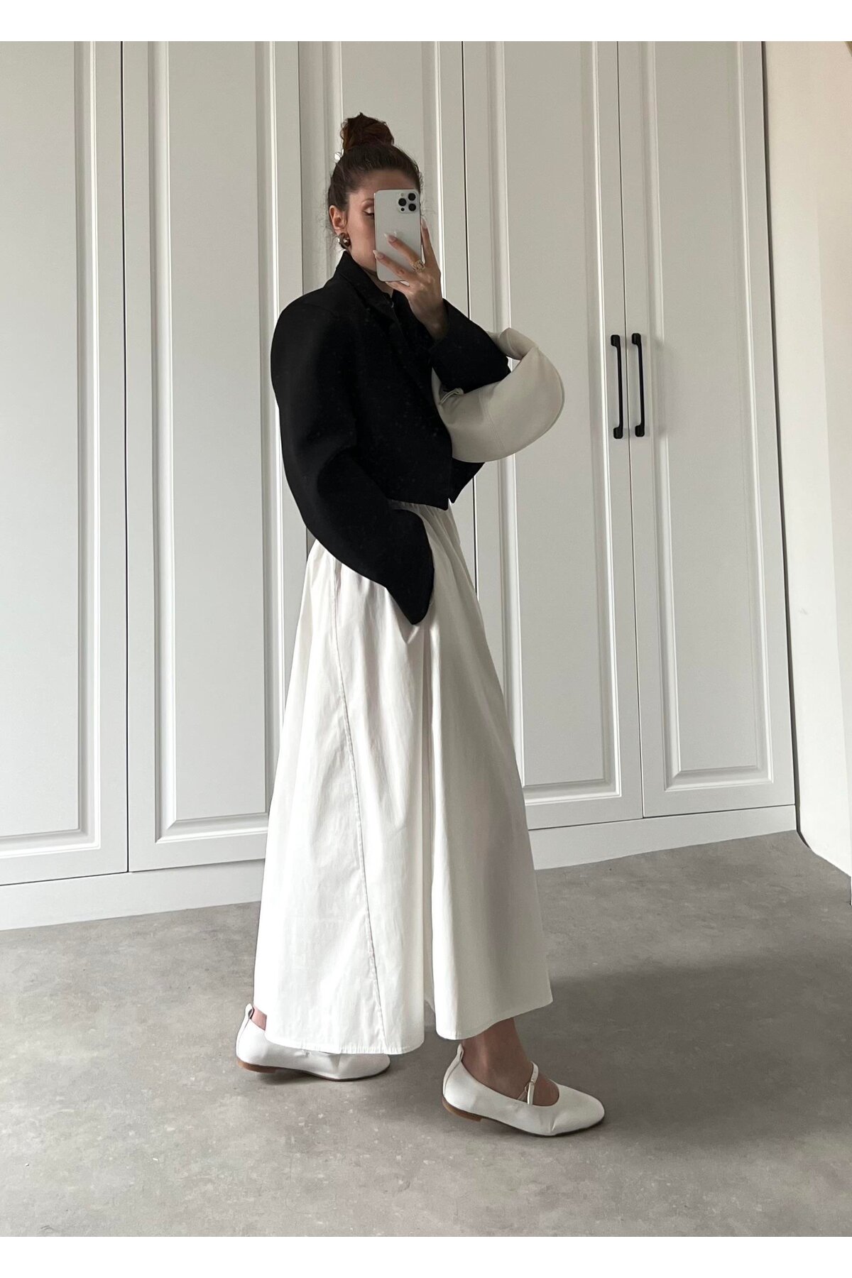 Gülmude  Uzun Beli Lastikli Etek Fleto Cepli İç Göstermez Poplin Kumaş Mevsimlik Etek (90CM) - Görsel 6