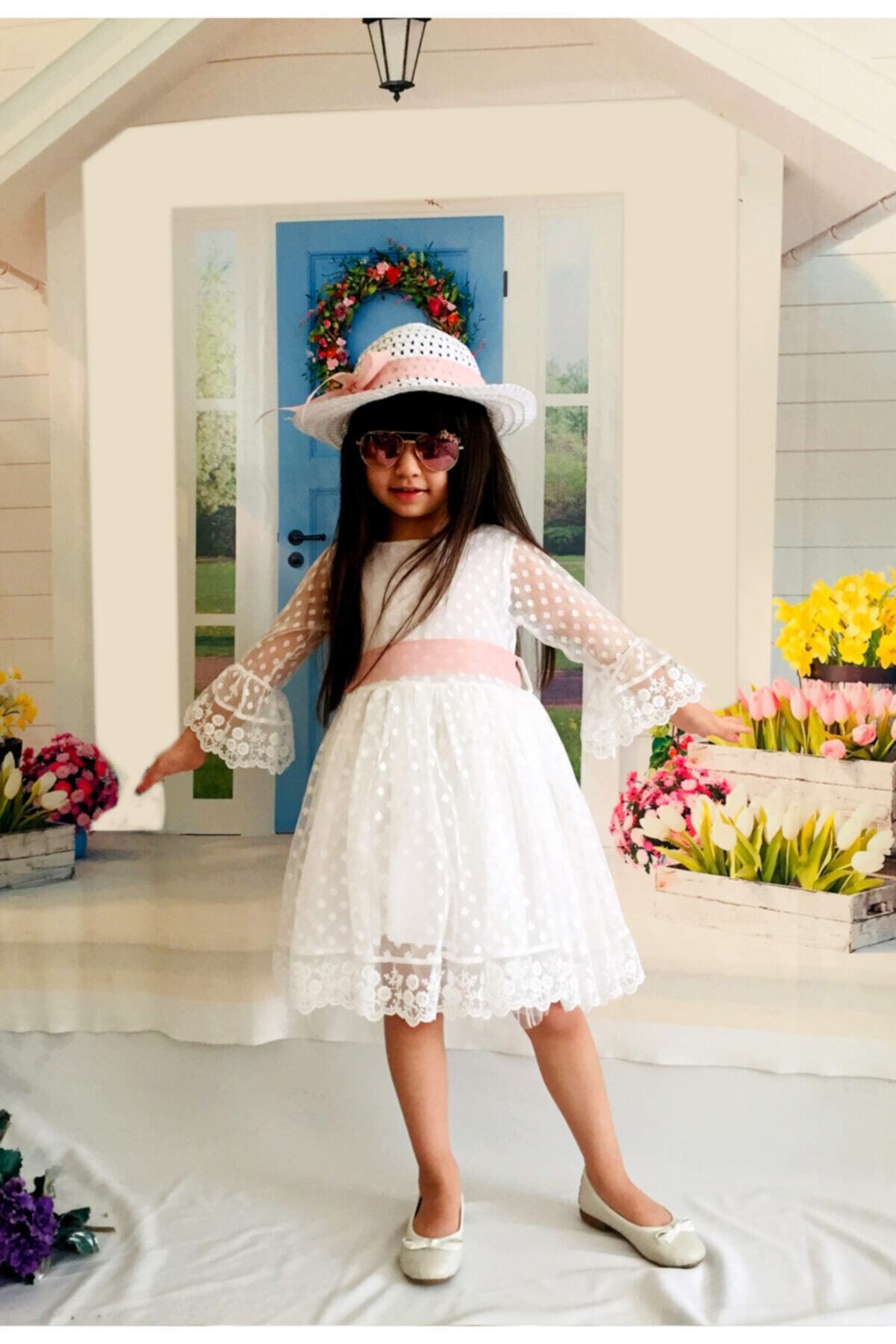 Mixie Beyaz Şapkalı Güpürlü Prenses Kız Çocuk Beyaz Elbise fotoğrafı 5 (önizleme)