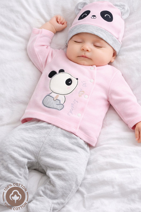 Miniel Kız Bebek Panda Nakışlı Organik Pamuklu 5li Yenidoğan Hastane Çıkışı Seti