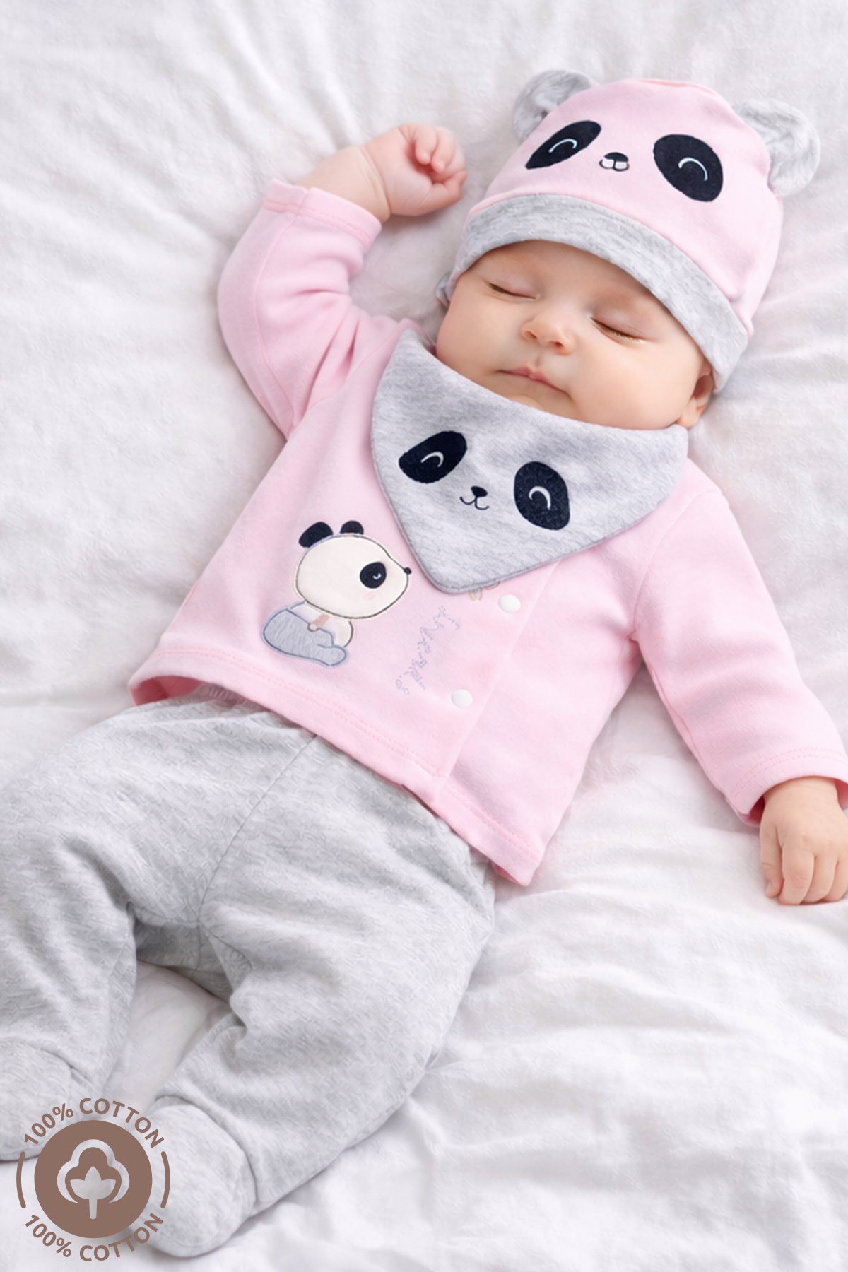 Miniel Kız Bebek Panda Nakışlı Organik Pamuklu 5li Yenidoğan Hastane Çıkışı Seti fotoğrafı 2 (önizleme)