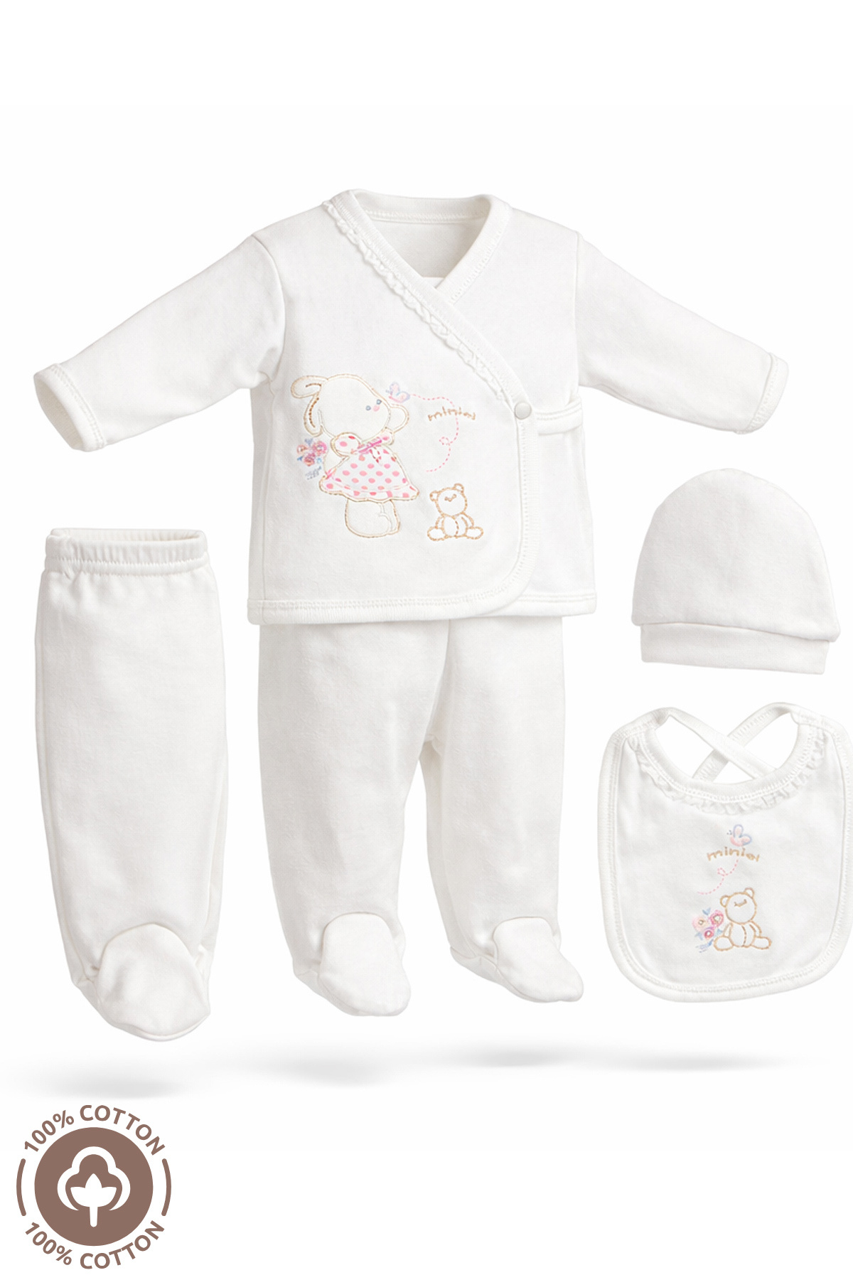 Miniel Kız Bebek Çiçekli Tavşan Nakışlı Organik Pamuklu 5li Yenidoğan Hastane Çıkışı Set fotoğrafı 4 (önizleme)