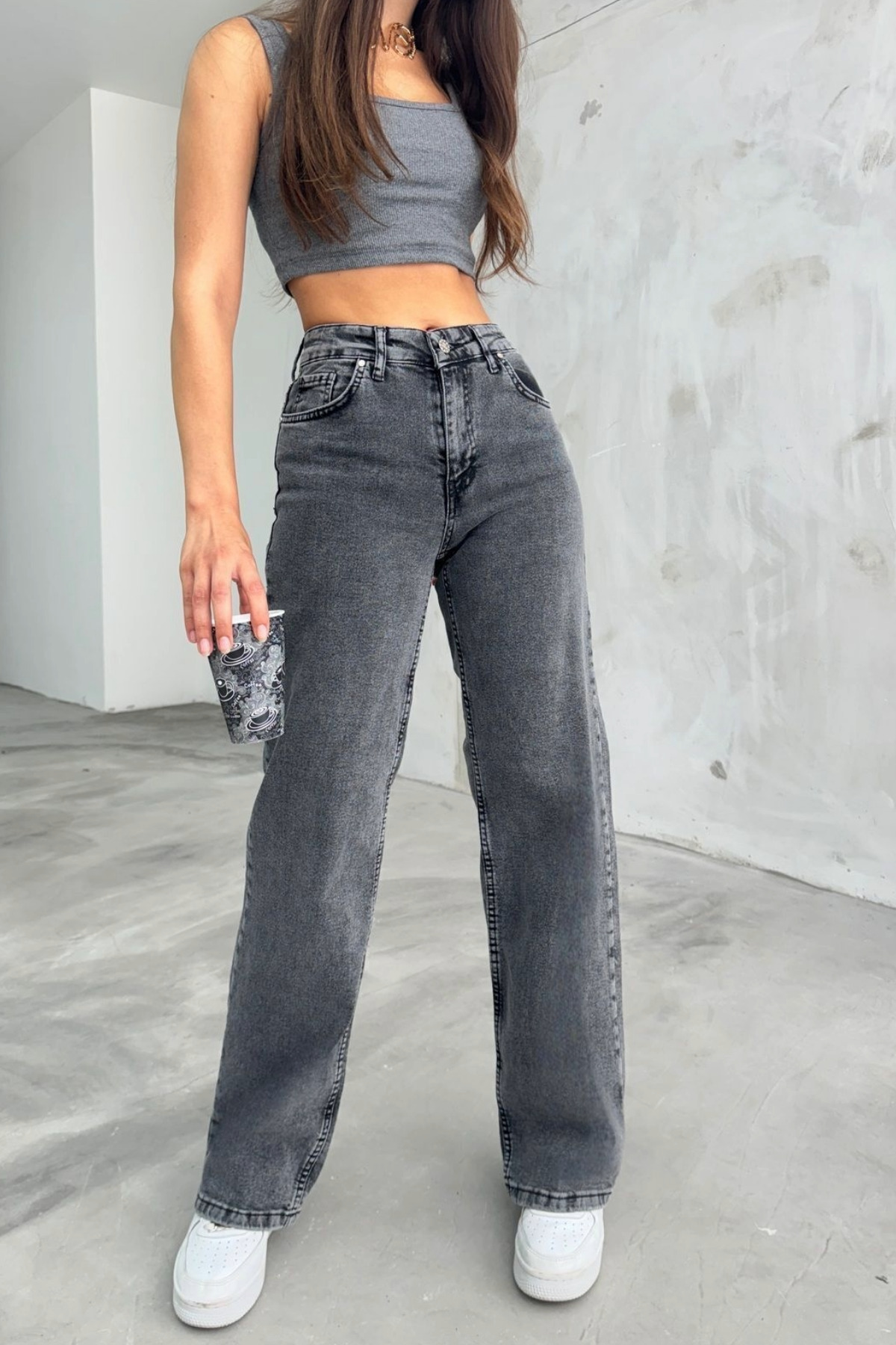 BİKELİFE  Kadın Füme Kar Yıkamalı Yüksek Bel Palazzo Jean - Görsel 5