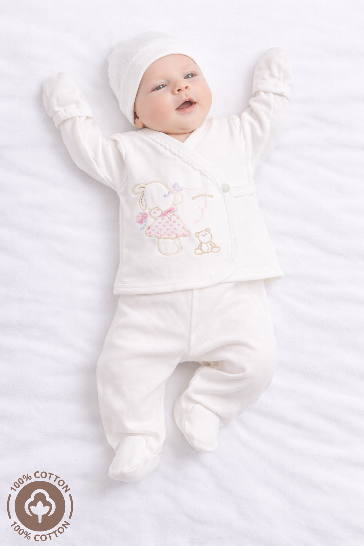 Miniel Kız Bebek Çiçekli Tavşan Nakışlı Organik Pamuklu 5li Yenidoğan Hastane Çıkışı Set fotoğrafı 3 (önizleme)