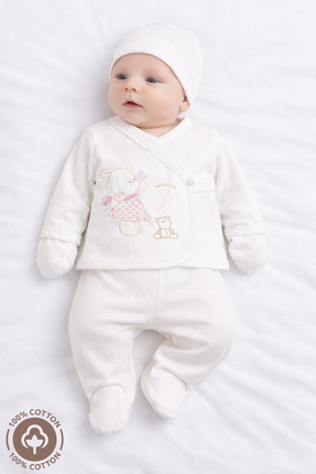 Miniel Kız Bebek Çiçekli Tavşan Nakışlı Organik Pamuklu 5li Yenidoğan Hastane...